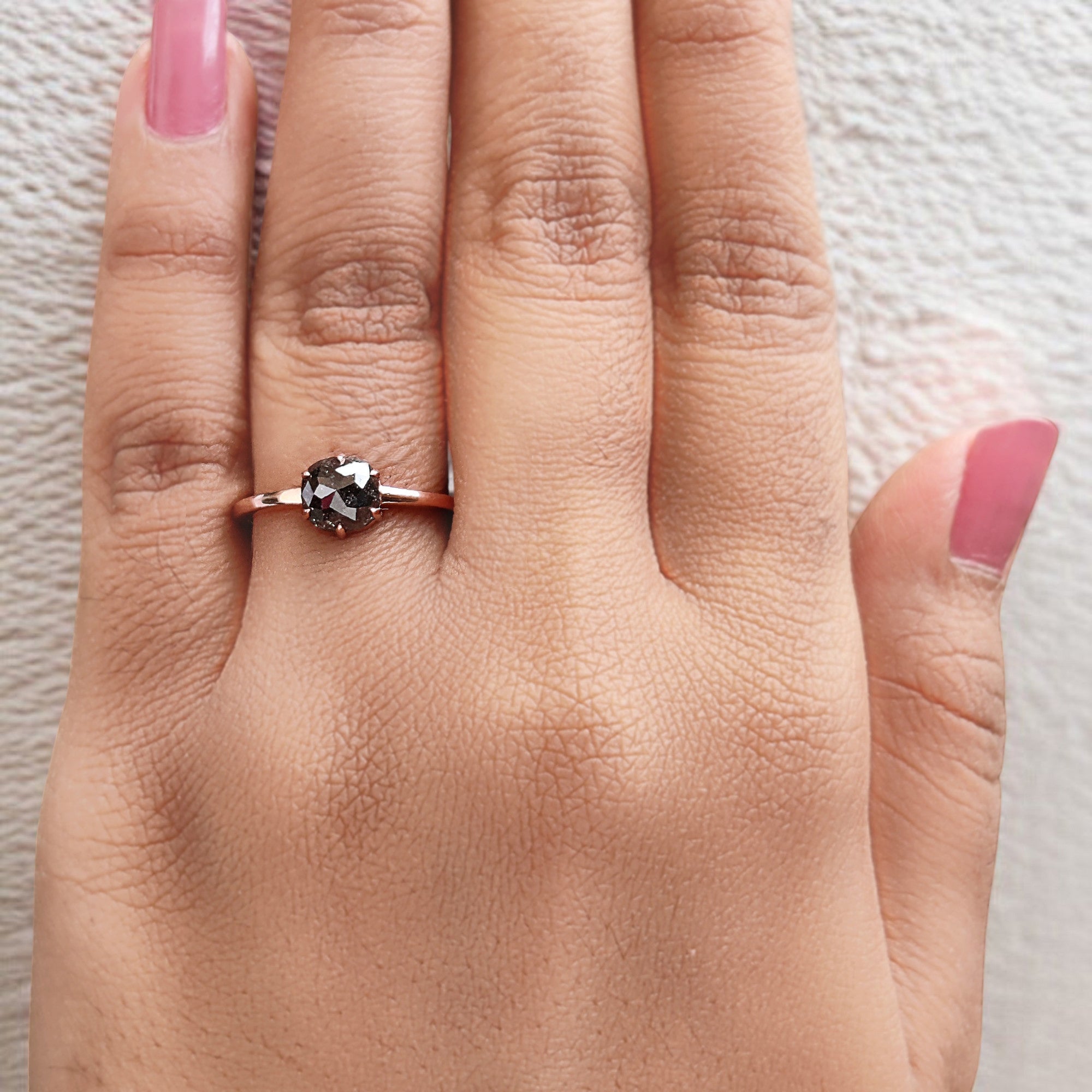 Cushion Cut Salt And Pepper Diamond Ring 1.20 Ct 6.30 MM Cushion Diamond Ring 14K Solid Rose Gold Silver Engagement Ring Gift For Her QN918