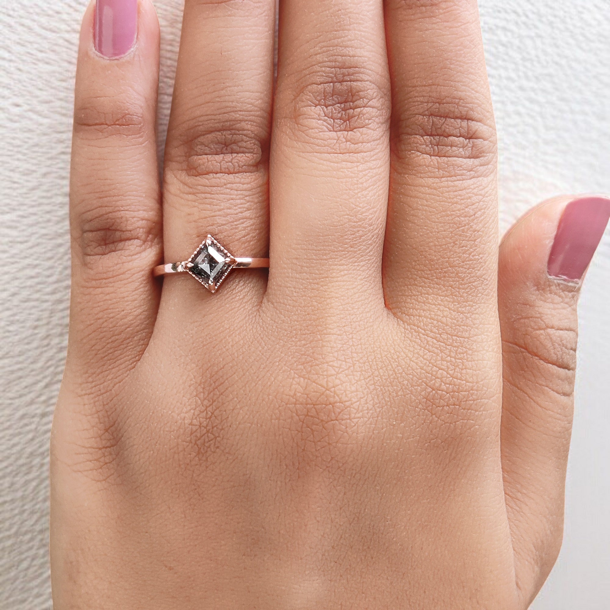 Kite Cut Salt And Pepper Diamond Ring 0.88 Ct 7.18 MM Kite Diamond Ring 14K Solid Rose Gold Silver Kite Engagement Ring Gift For Her QL2026