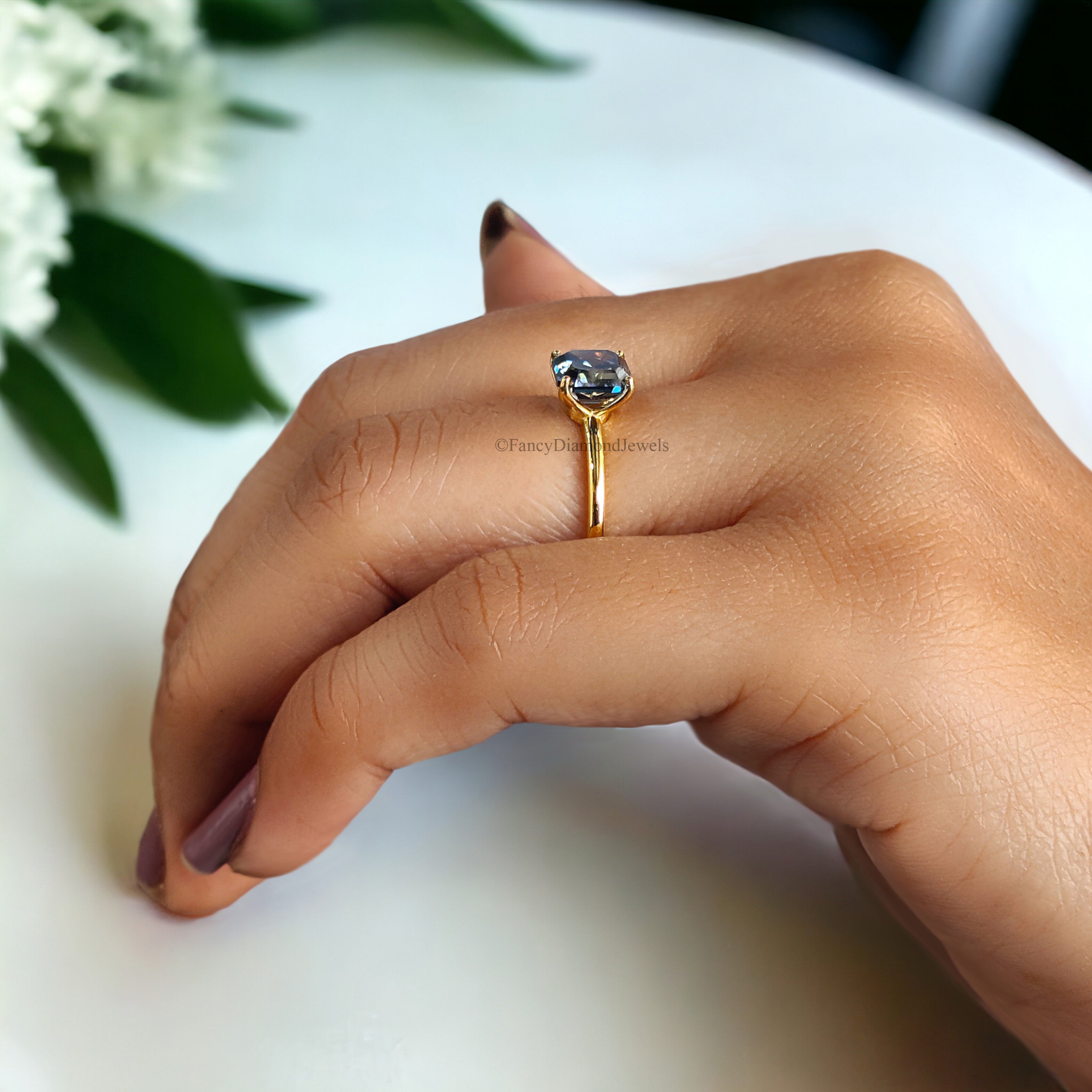 Amazing 1.20 CT Royal Blue Asscher Moissanite Solitaire Engagement Ring Dainty Solid Yellow Gold Wedding Ring Anniversary Gift for Her FD167