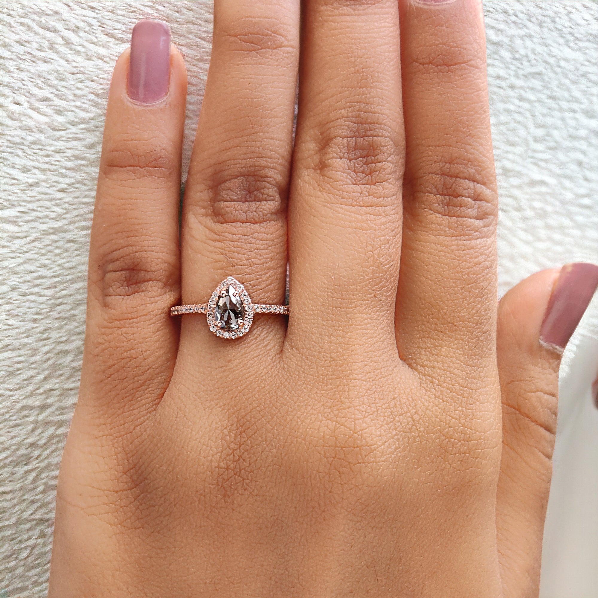 Pear Cut Salt And Pepper Diamond Ring 0.48 Ct 6.65 MM Pear Diamond Ring 14K Solid Rose Gold Silver Pear Engagement Ring Gift For Her QN976