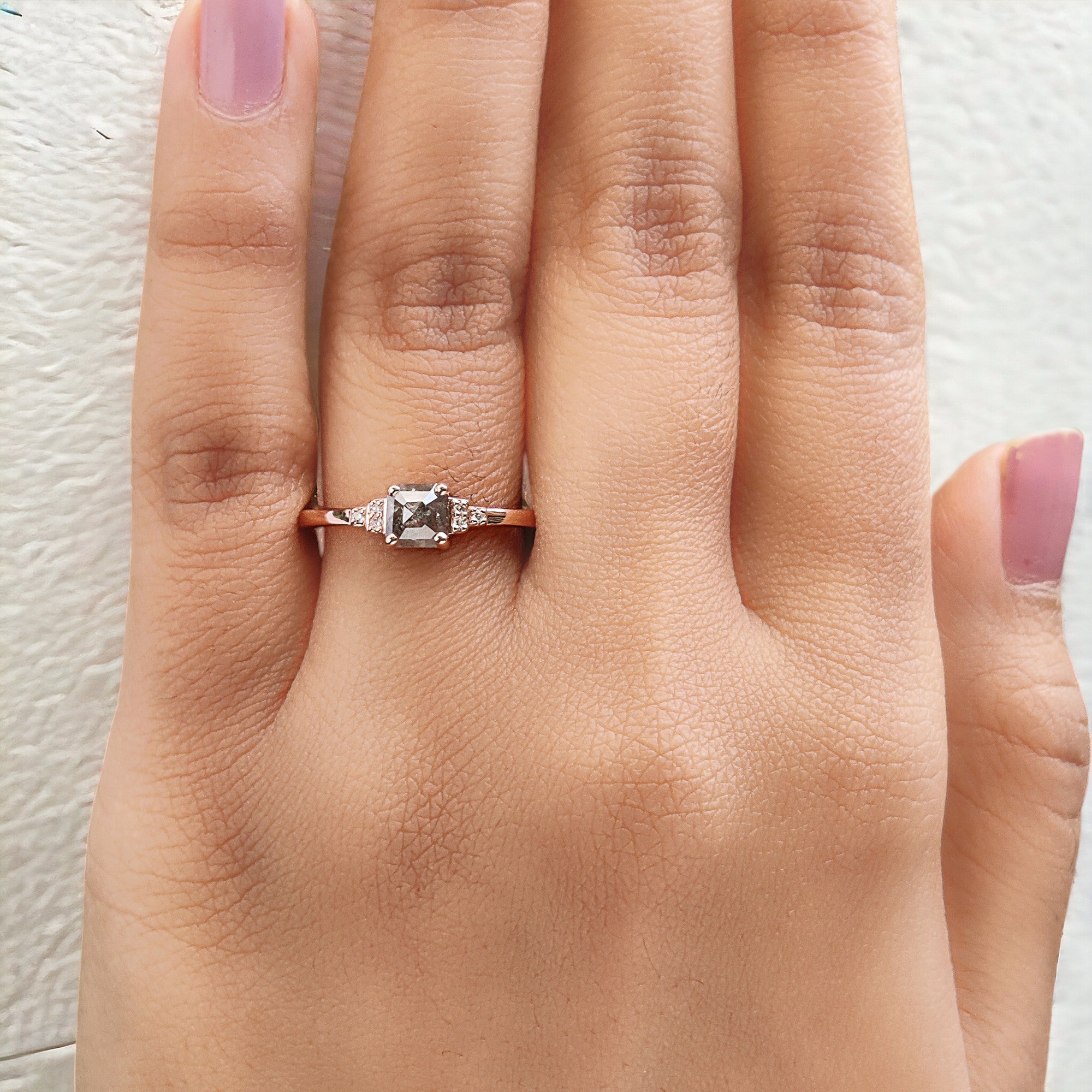 Emerald Cut Salt And Pepper Diamond Ring 0.45 Ct 4.80 MM Emerald Diamond Ring 14K Solid Rose Gold Silver Engagement Ring Gift For Her QL7606