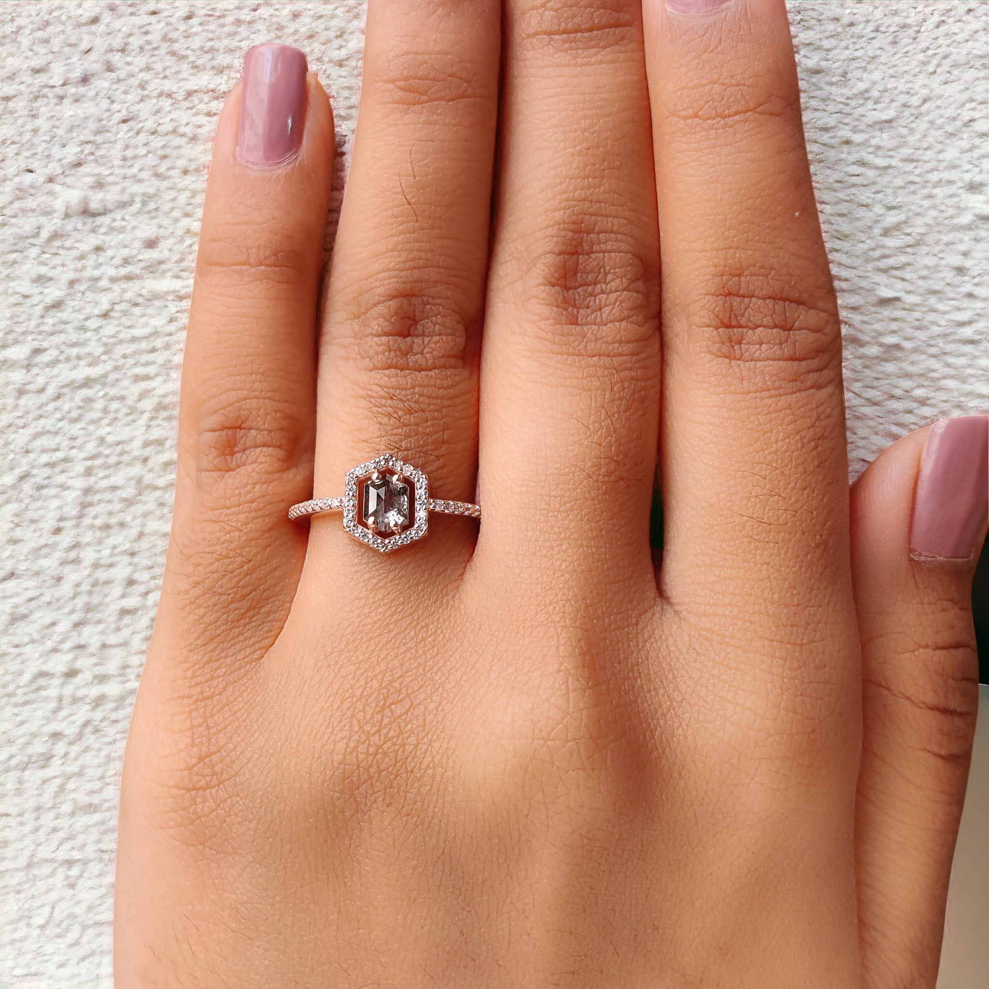 0.57 Ct Natural Hexagon Salt And Pepper Diamond Ring 5.40 MM Hexagon Shape Diamond Ring 14K Solid Rose Gold Silver Engagement Ring QN747