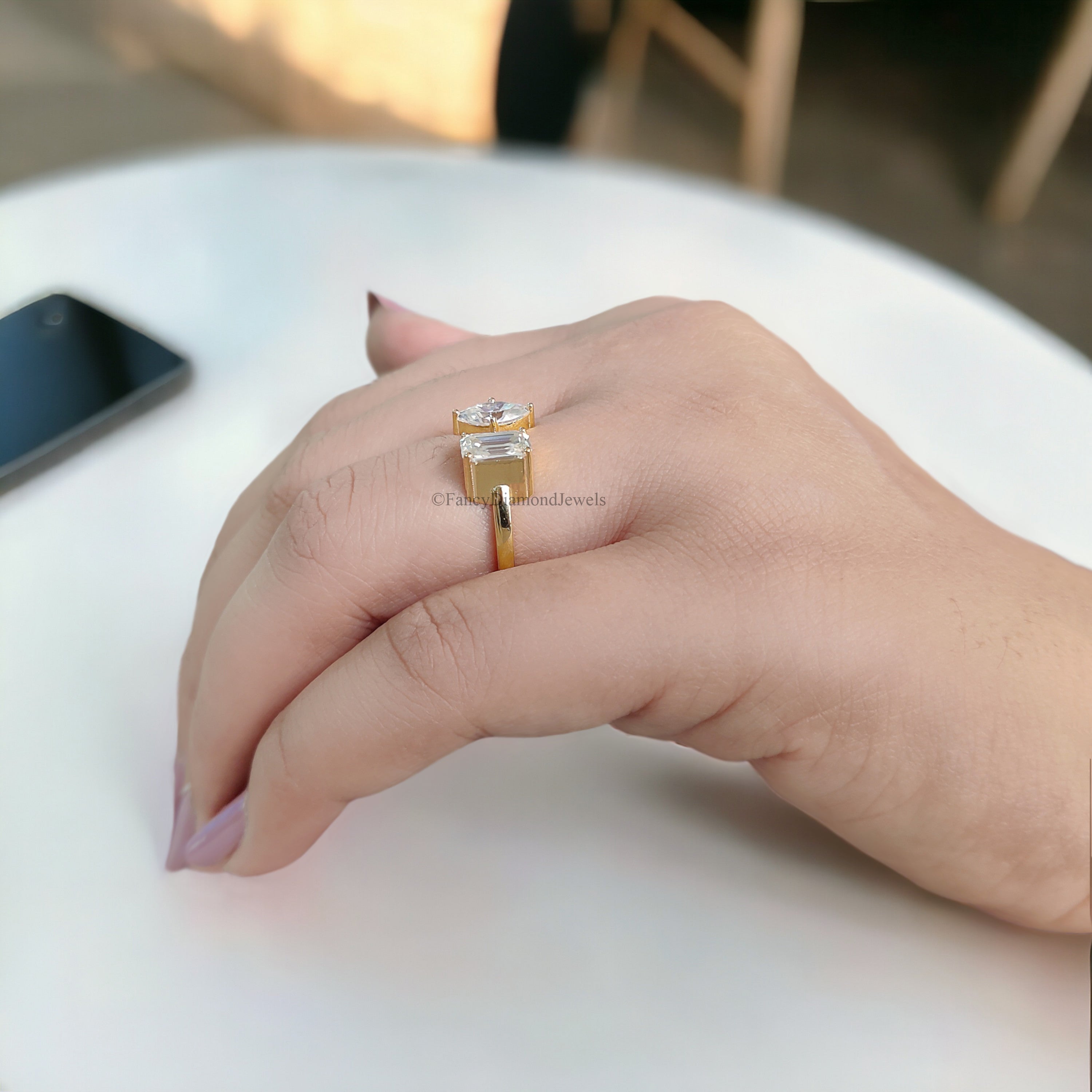 Toi Et Moi Moissanite Ring Marquise And Emerald Moissanite Wedding Ring Colorless Moissanite Engagement Ring Open Cuff Proposal Ring FD141