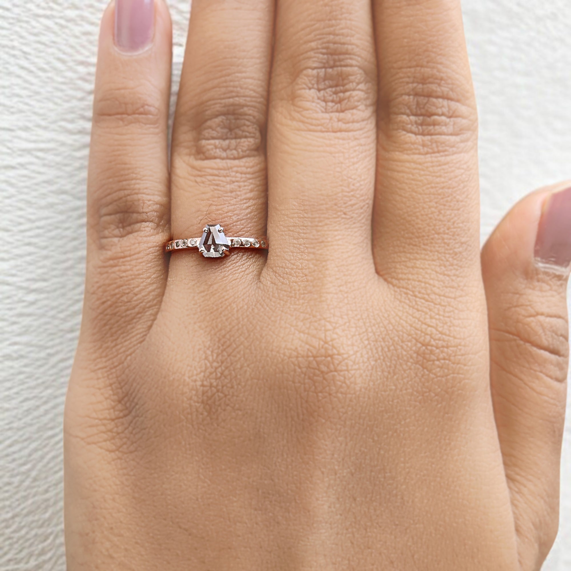 Coffin Cut Salt And Pepper Diamond Ring 0.46 Ct 5.30 MM Coffin Diamond Ring 14K Solid Rose Gold Silver Engagement Ring Gift For Her QN8892