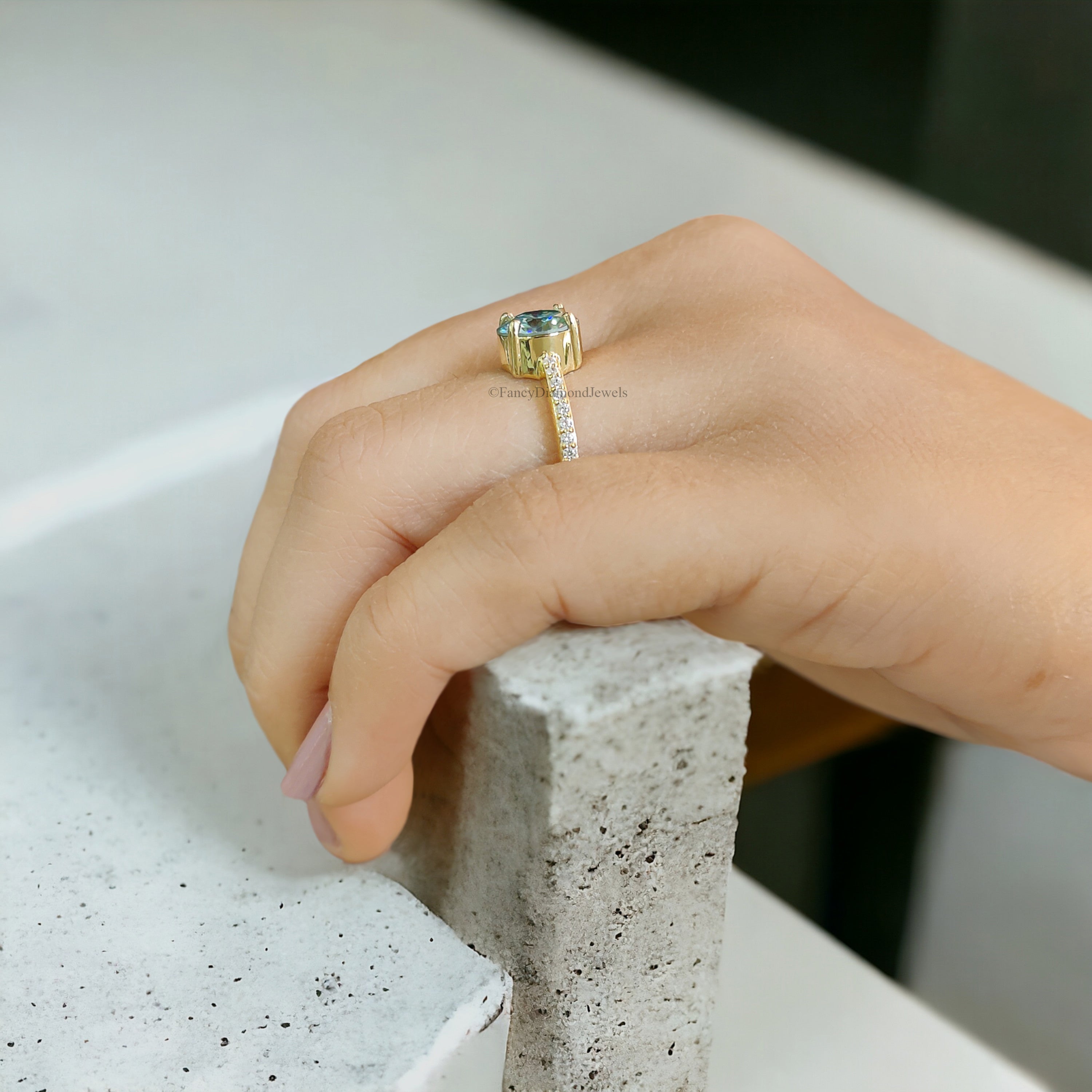 1.65 CT Round Blue Moissanite Engagement Ring Pave Wedding Ring Teal Moissanite Ring Anniversary Gift Best Proposal Ring Gift Ring FD155