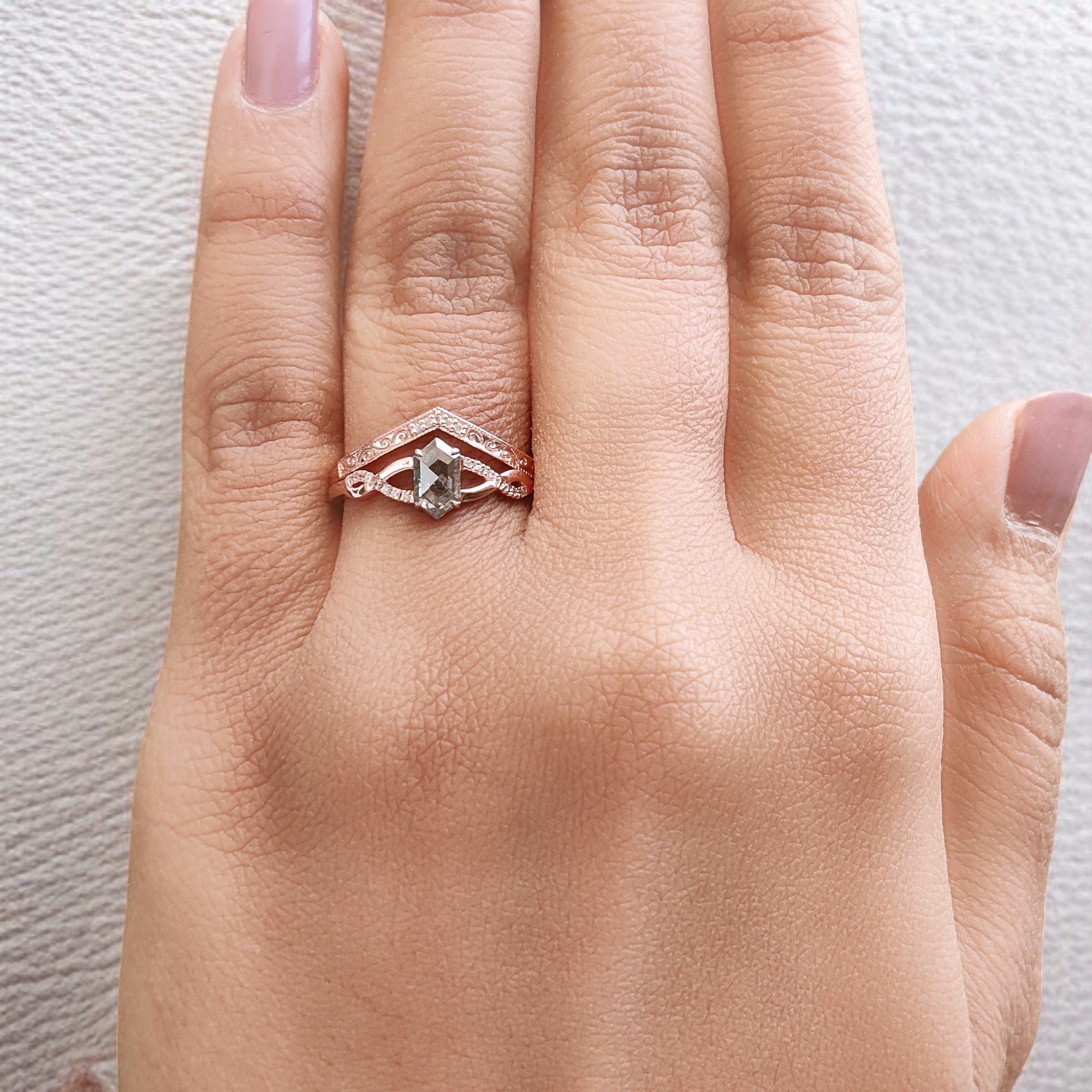 Hexagon Cut Salt And Pepper Diamond Ring 0.46 Ct 6.74 MM Hexagon Diamond Ring 14K Solid Rose Gold Silver Engagement Ring Gift For Her QN2139