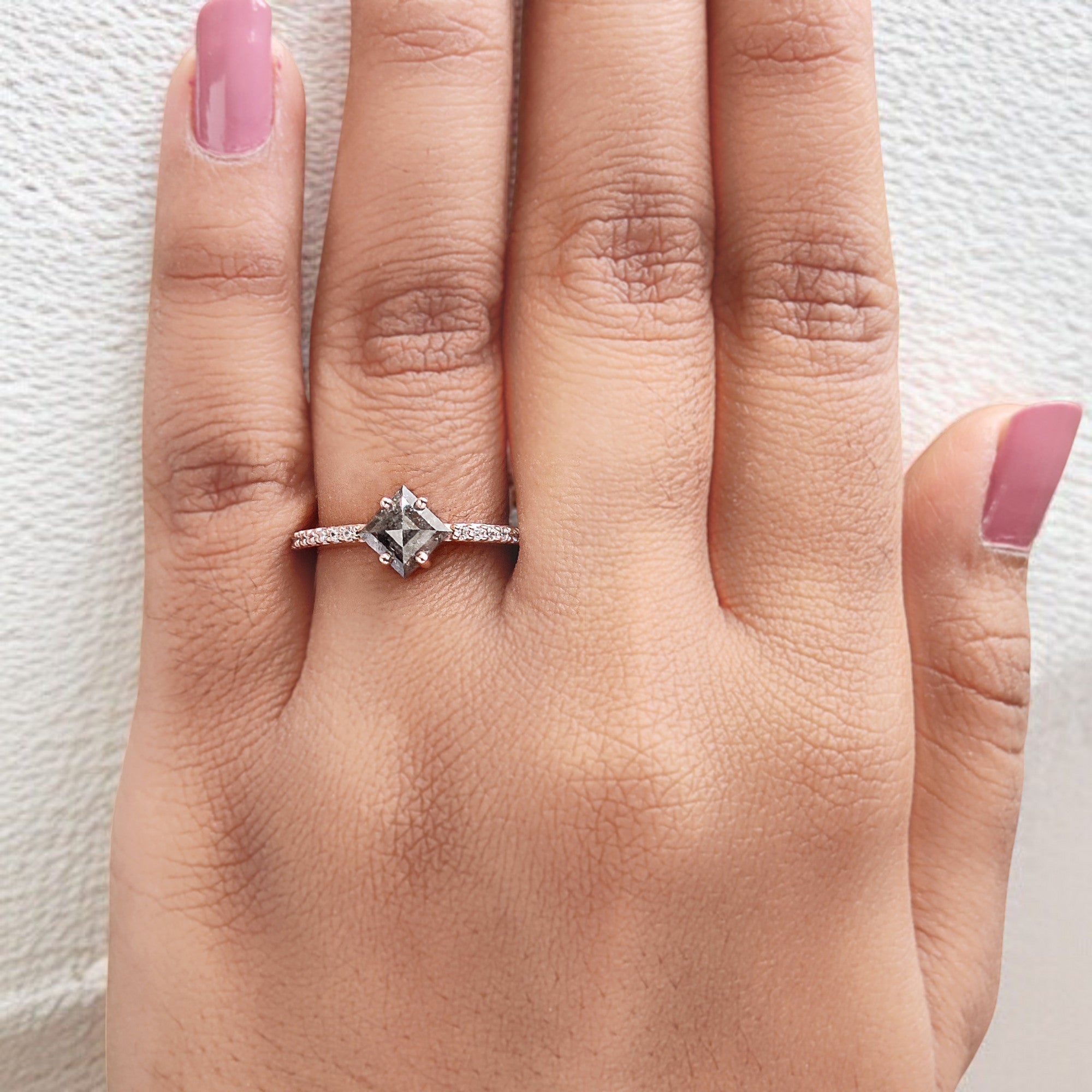 Kite Cut Salt And Pepper Diamond Ring 0.98 Ct 7.70 MM Kite Diamond Ring 14K Solid Rose Gold Silver Kite Engagement Ring Gift For Her QL9339