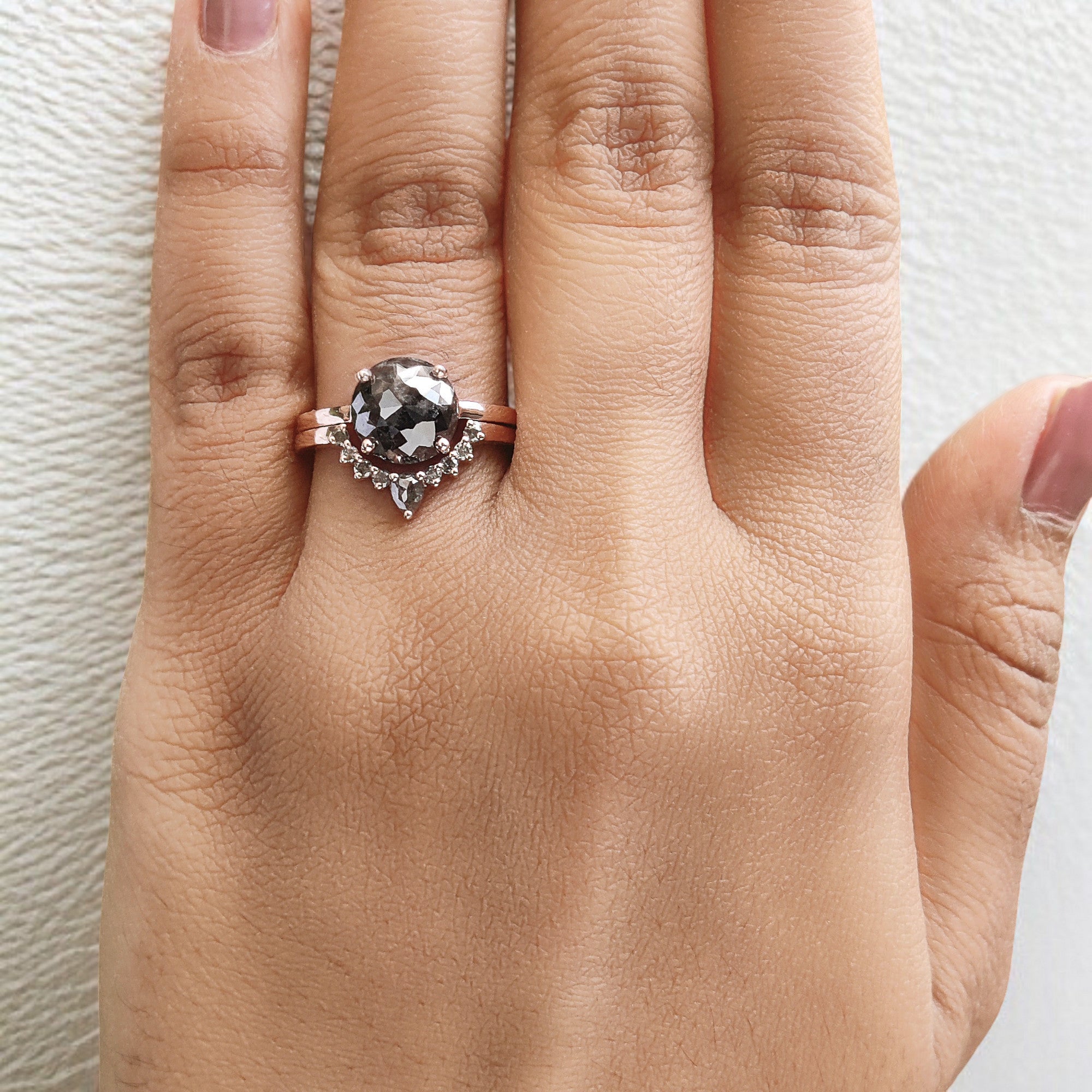 Round Rose Cut Salt And Pepper Diamond Ring 2.97 Ct 8.85 MM Round Diamond Ring 14K Solid Rose Gold Silver Engagement Ring Gift For Her QL064