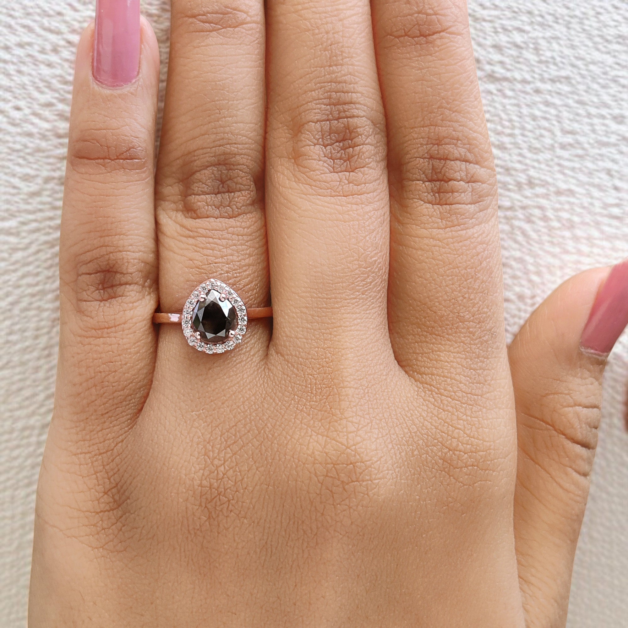 Pear Cut Salt And Pepper Diamond Ring 1.18 Ct 7.00 MM Pear Diamond Ring 14K Solid Rose Gold Silver Pear Engagement Ring Gift For Her QL1653