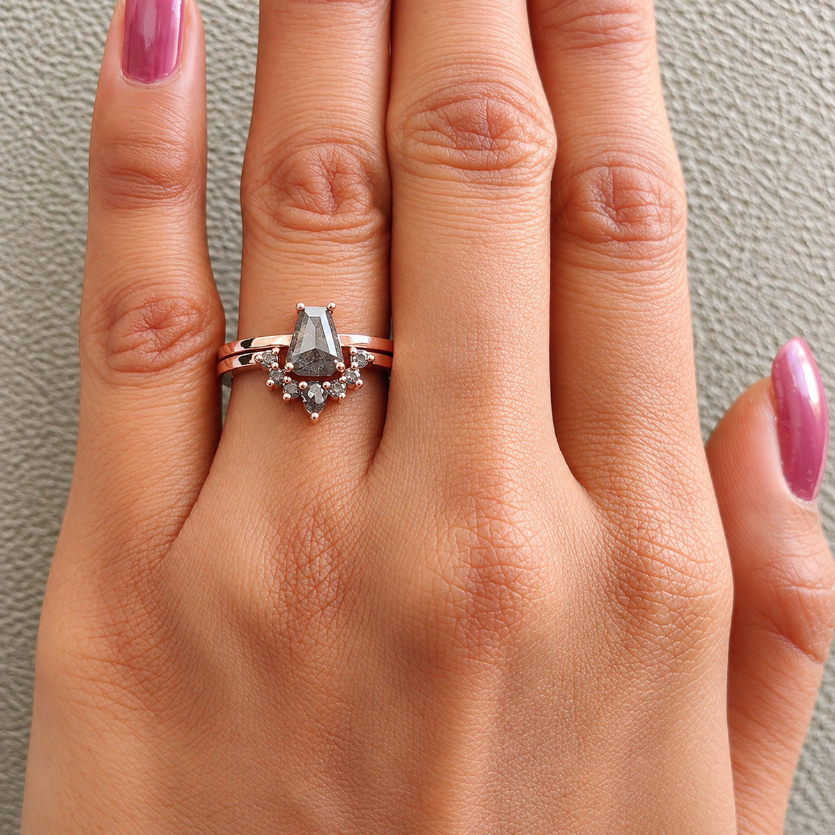 Coffin Shape Salt and Pepper Diamond Ring, 14K Rose Gold Coffin Engagement Ring, Bridal Ring Set, Unique Diamond Ring Gift for Her KDL3677