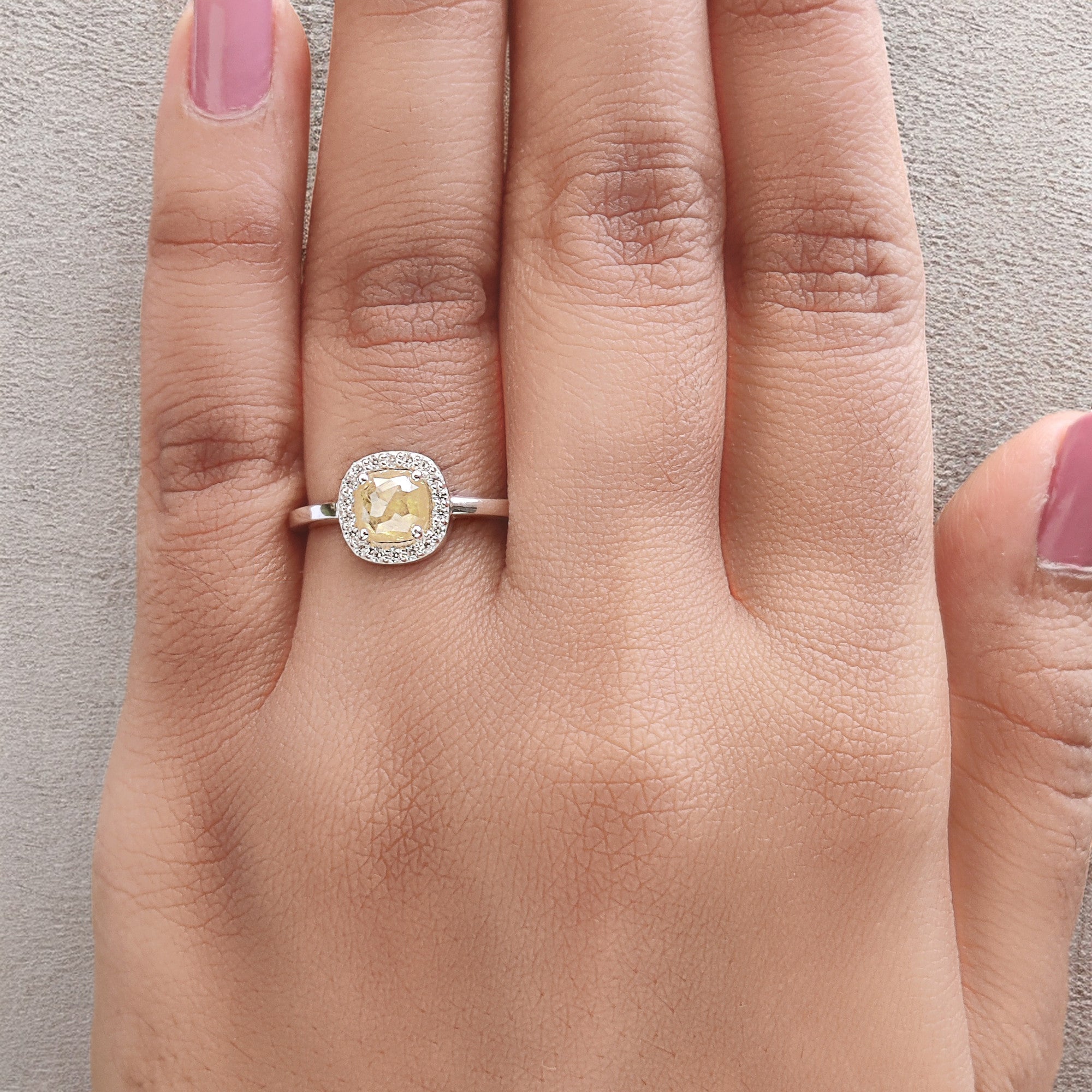 Cushion Yellow Color Diamond Ring 0.81 Ct 5.65 MM Cushion Shape Diamond Ring 14K Solid White Gold Silver Engagement Ring Gift For Her QL9098