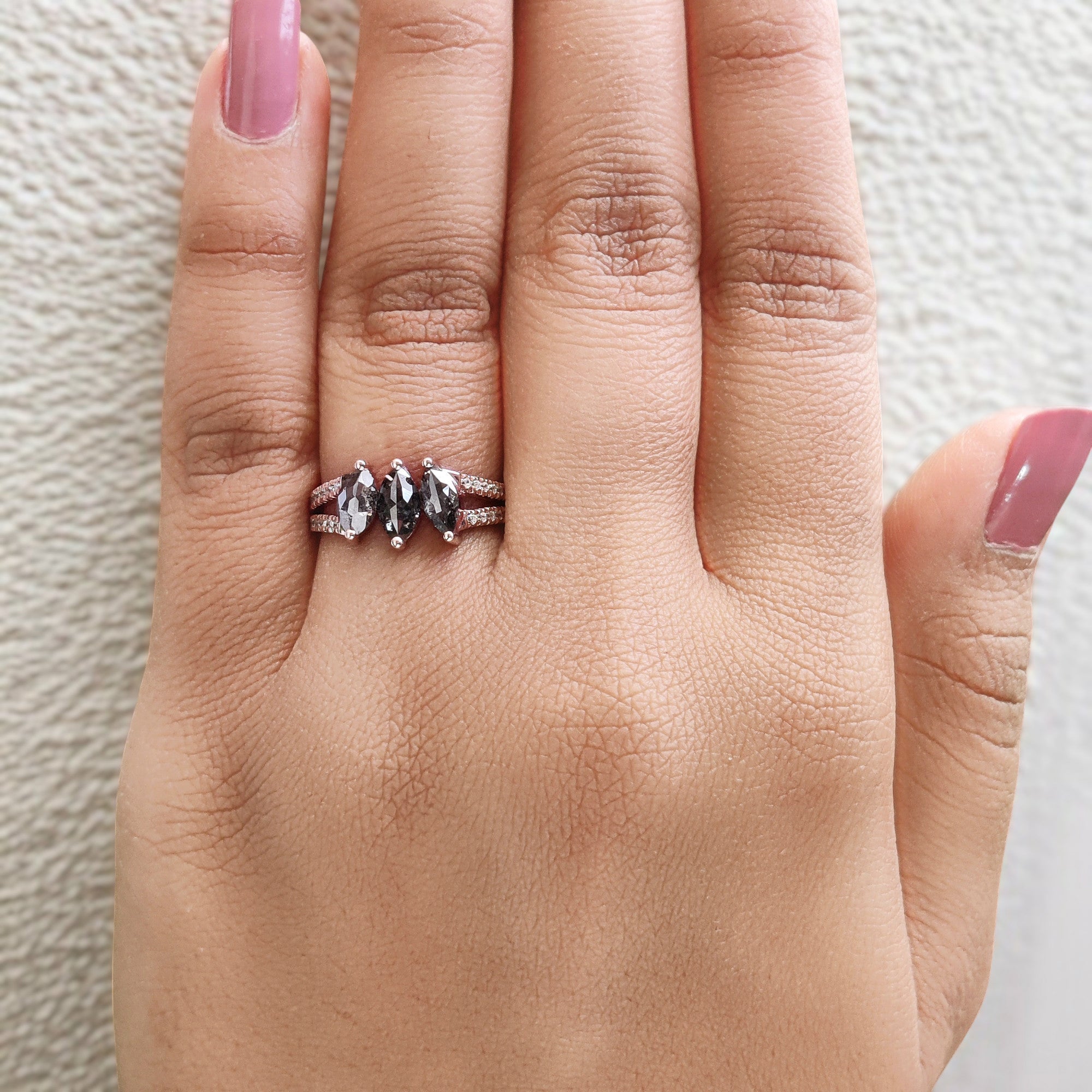 Marquise Cut Salt And Pepper Diamond Ring 0.97 Ct 6.76 MM Marquise Diamond Ring 14K Rose Gold Silver Engagement Ring Gift For Her QL2559