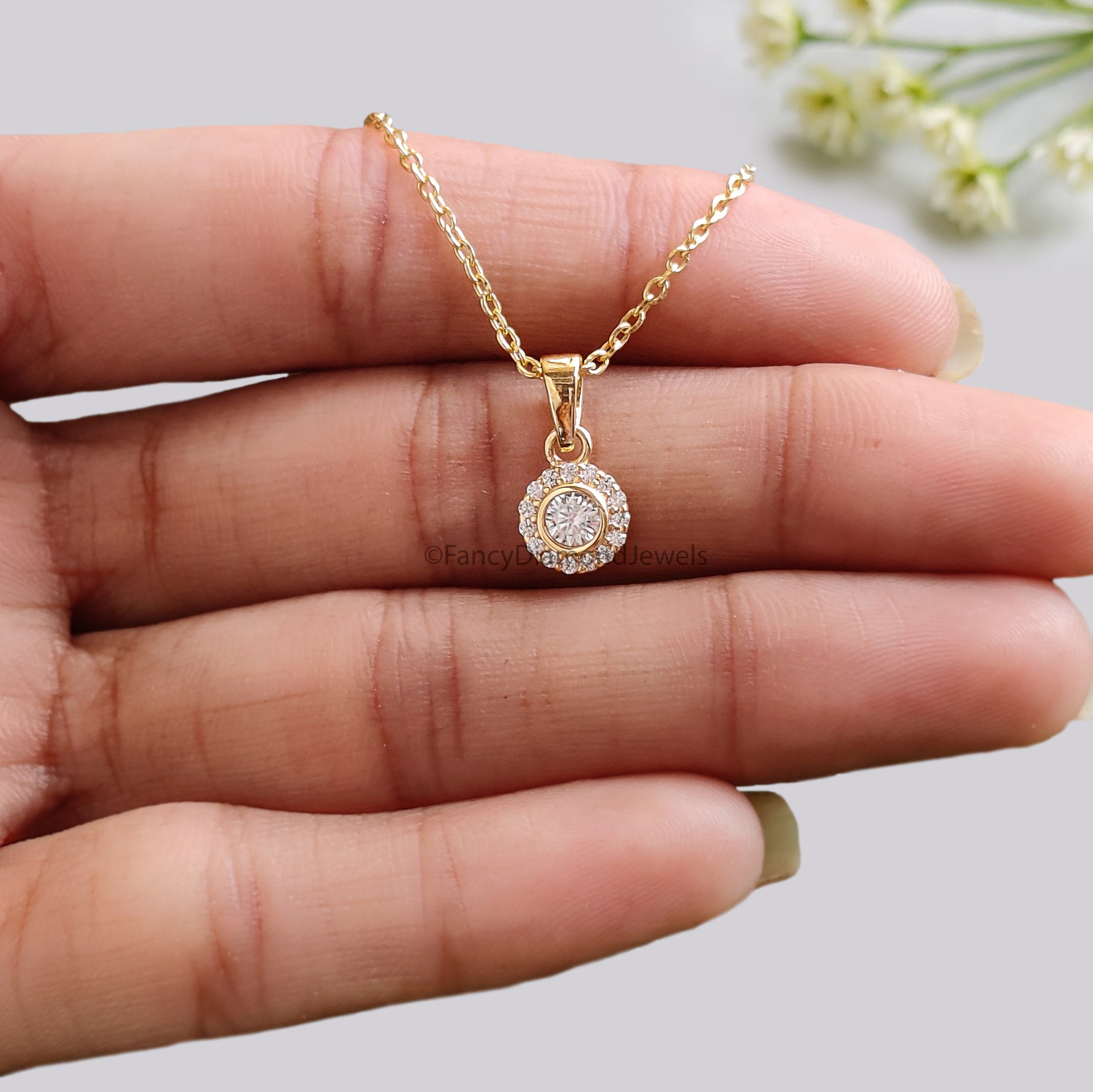 Round Brilliant Cut Moissanite Diamond Pendant, Unique Diamond Pendant, Halo With Bezel Setting Pendant, Dangling Diamond Pendant KD1004