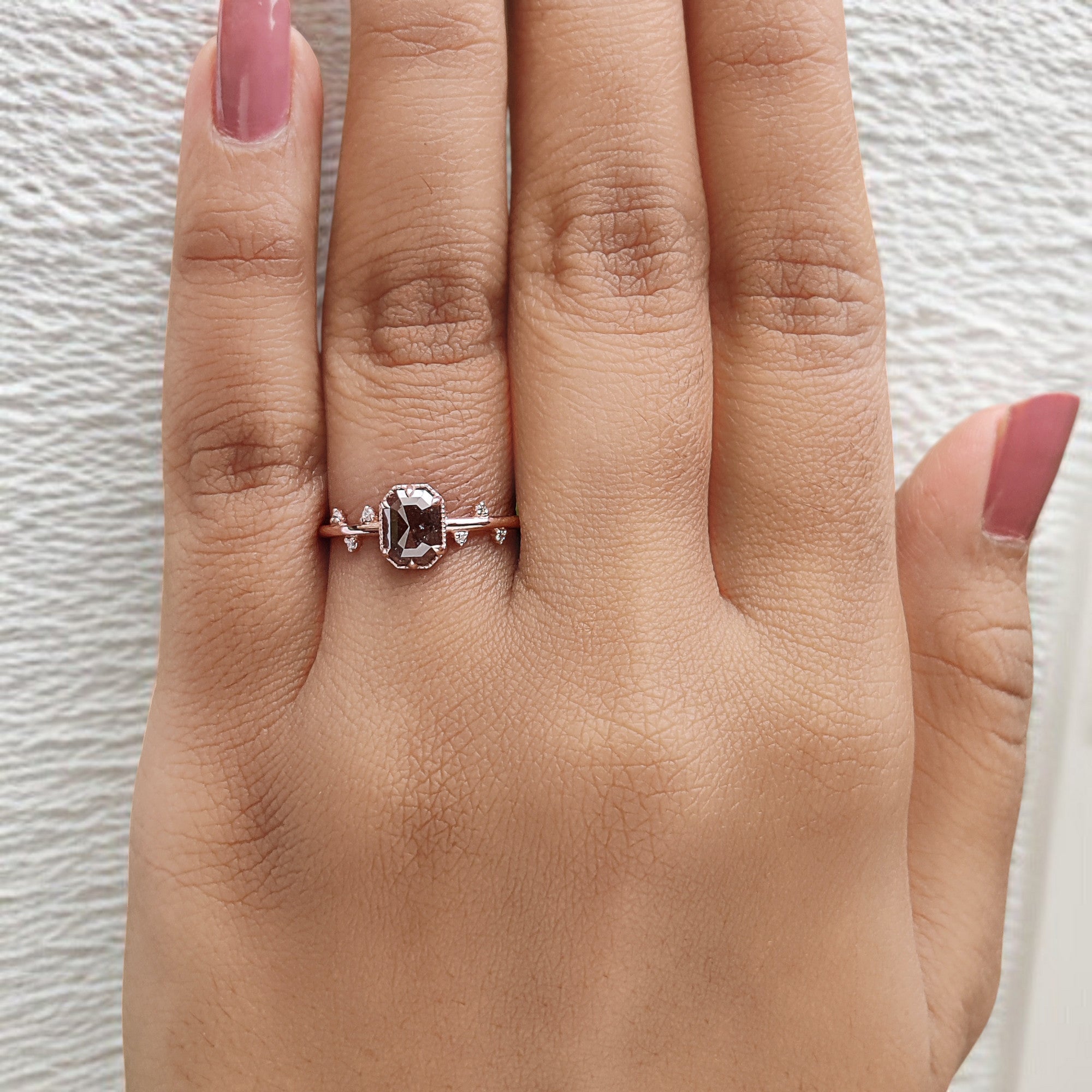 Emerald Cut Brown Color Diamond Ring 0.79 Ct 6.18 MM Emerald Shape Diamond Ring 14K Rose Gold Silver Engagement Ring Gift For Her QL652