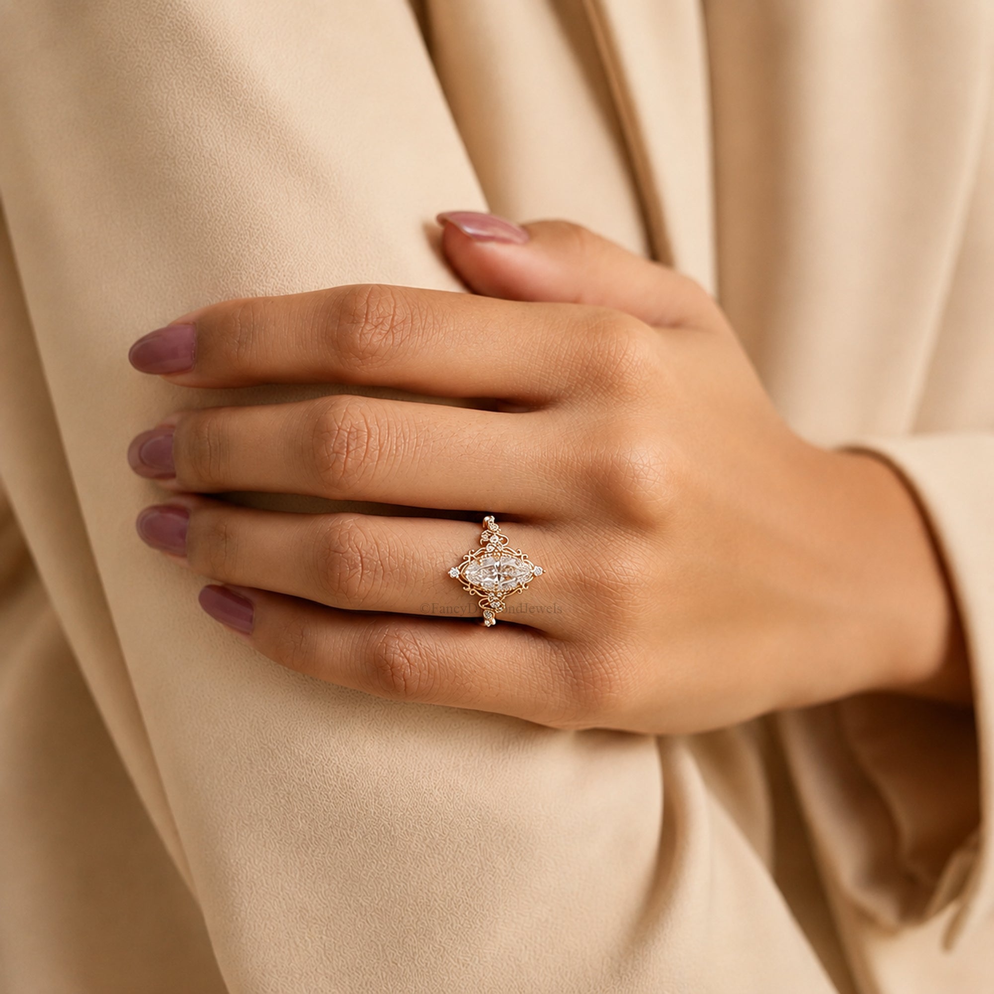 Floral Marquise Cut Moissanite Elegant Ring Nature Inspire Art Deco Engagement Ring in 14K Solid Yellow Gold Ring Unique Bridal Gift FD583