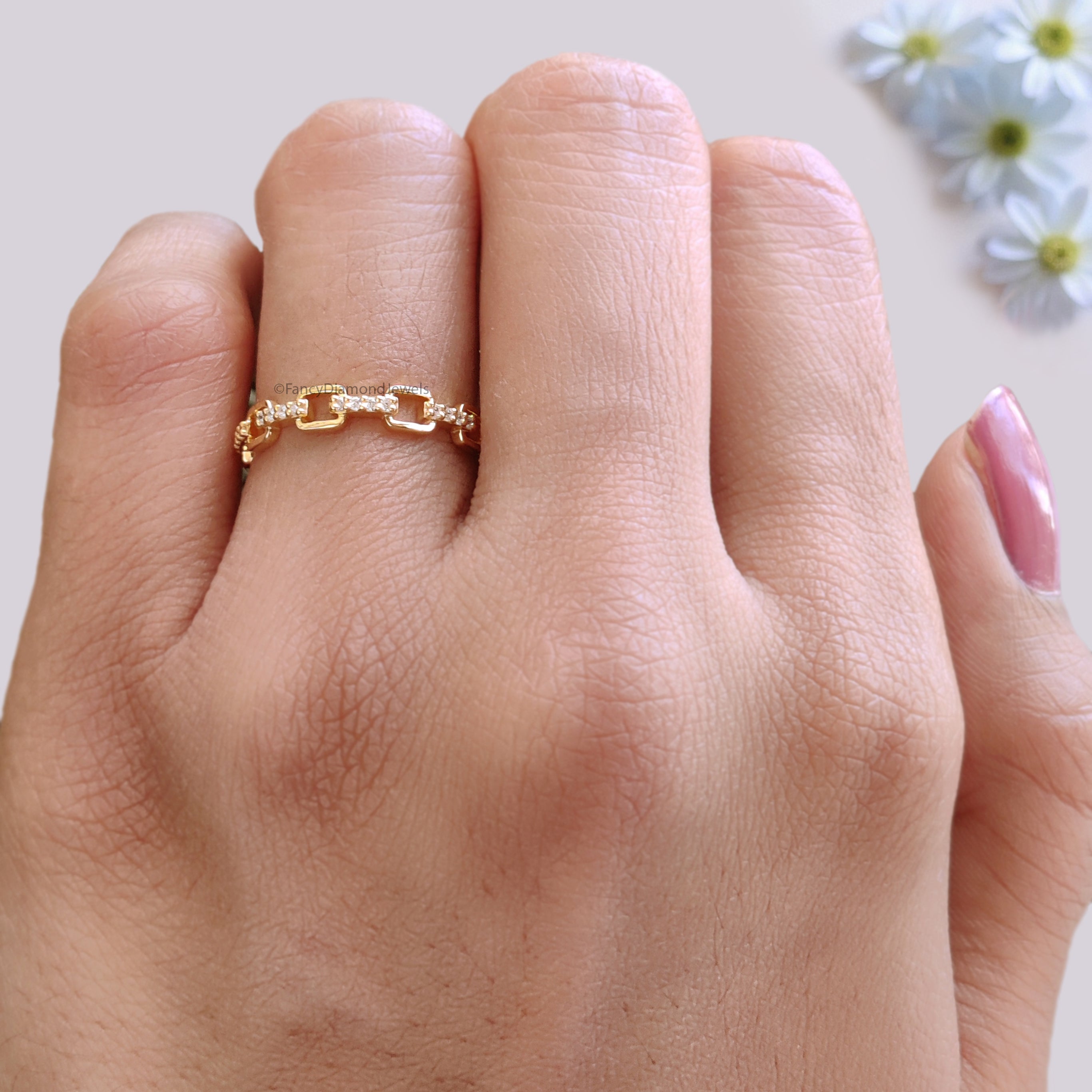 Round Cut Diamond Wedding Band Yellow Gold Unique Wedding Band Pave Diamond Chain Link Band Minimal Dainty Stacking Band Gift For Her FD539