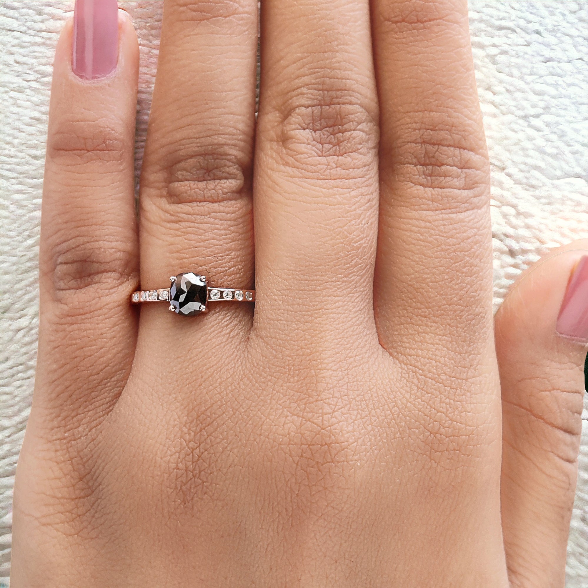 0.78 Ct Natural Oval Salt And Pepper Diamond Ring 5.94 MM Oval Cut Diamond Ring 14K Solid Rose Gold Silver Engagement Ring Oval Ring QK2517