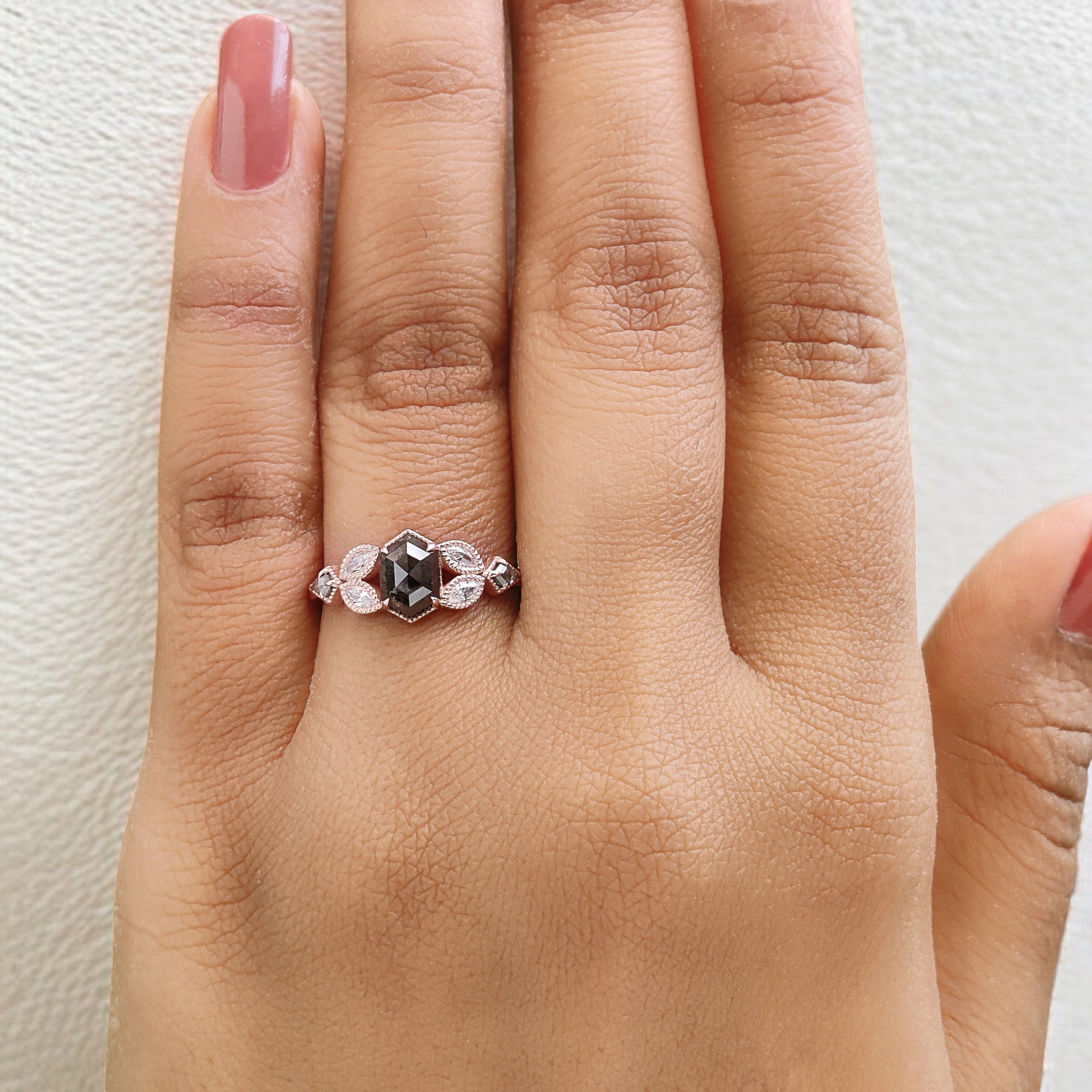 Hexagon Cut Salt And Pepper Diamond Ring 0.98 Ct 6.83 MM Hexagon Cut Diamond Ring 14K Rose Gold Silver Engagement Ring Gift For Her QL2943