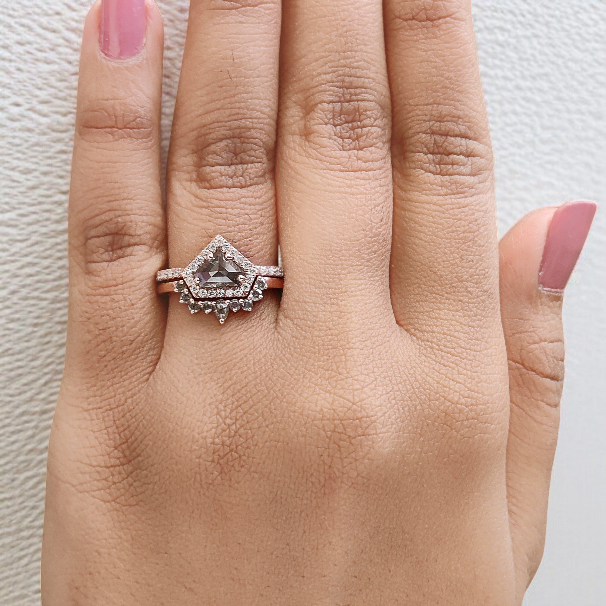 Shield Cut Salt And Pepper Diamond Ring 0.87 Ct 5.39 MM Shield Diamond Ring 14K Solid Rose Gold Silver Engagement Ring Gift For Her QL1942