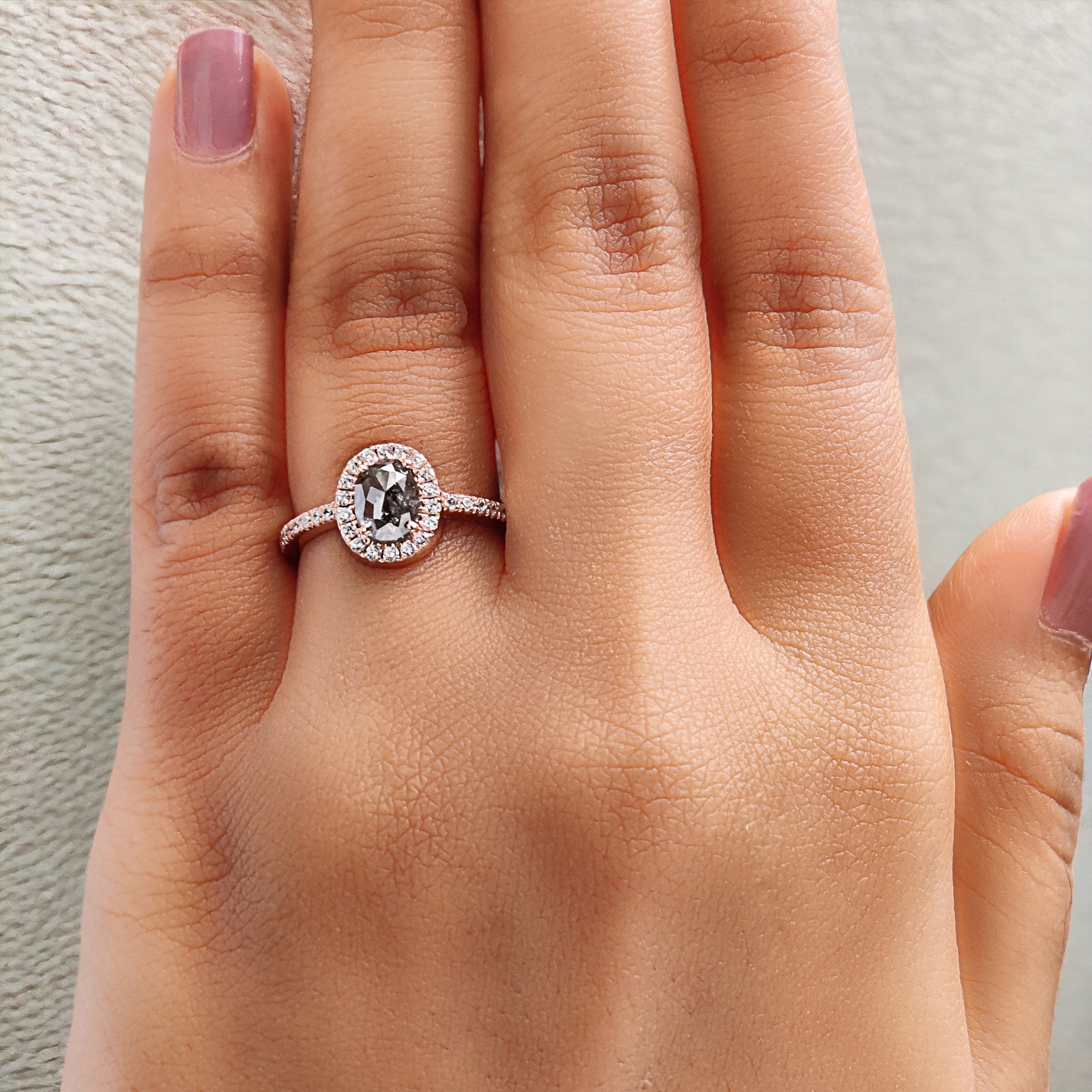 Oval Cut Salt And Pepper Diamond Ring 0.88 Ct 6.60 MM Oval Diamond Ring 14K Solid Rose Gold Silver Oval Engagement Ring Gift For Her QN941