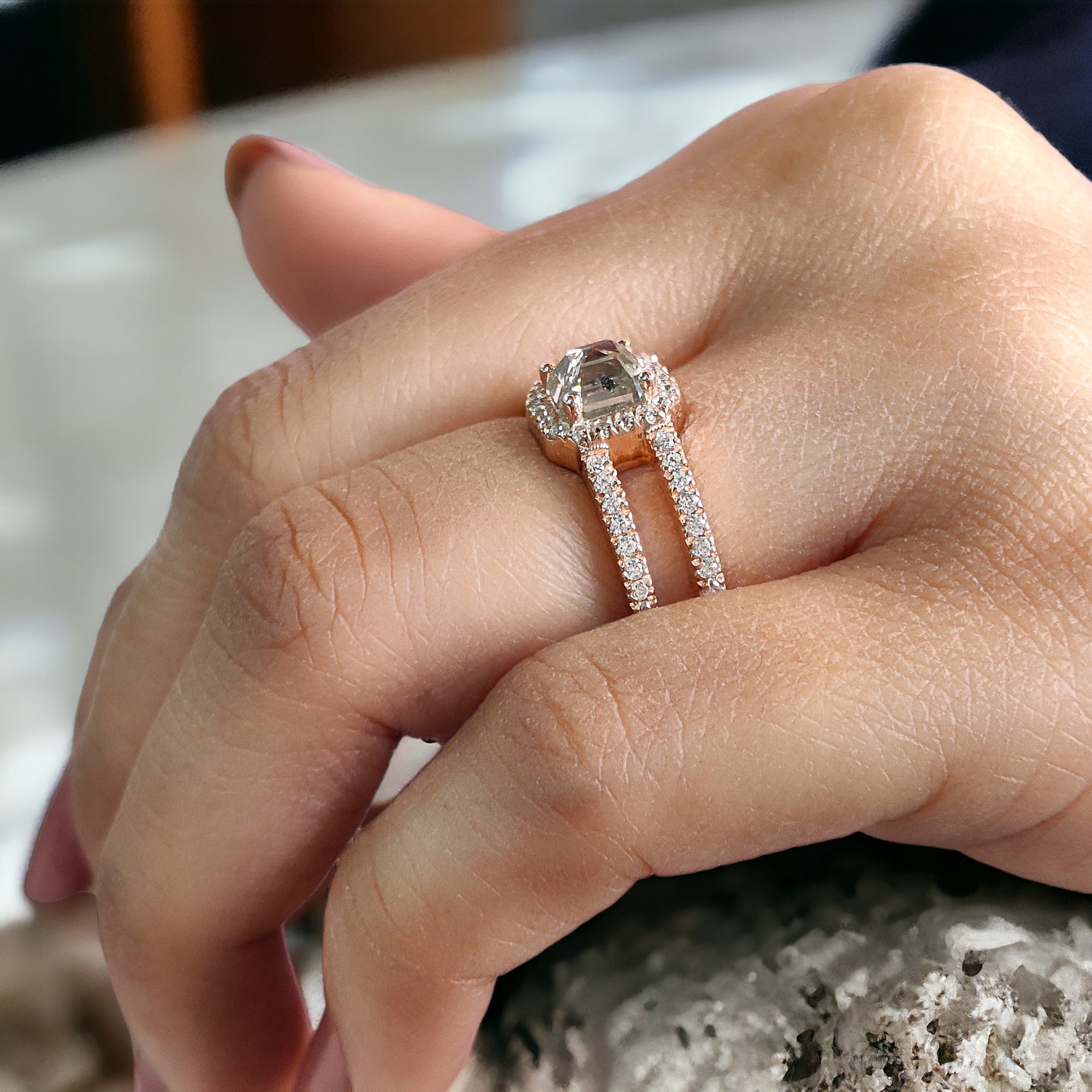 Emerald Salt And Pepper Diamond Ring 1.18 Ct 5.66 MM Emerald Diamond Ring 14K Solid Rose Gold Silver Engagement Ring Gift For Her QL2627