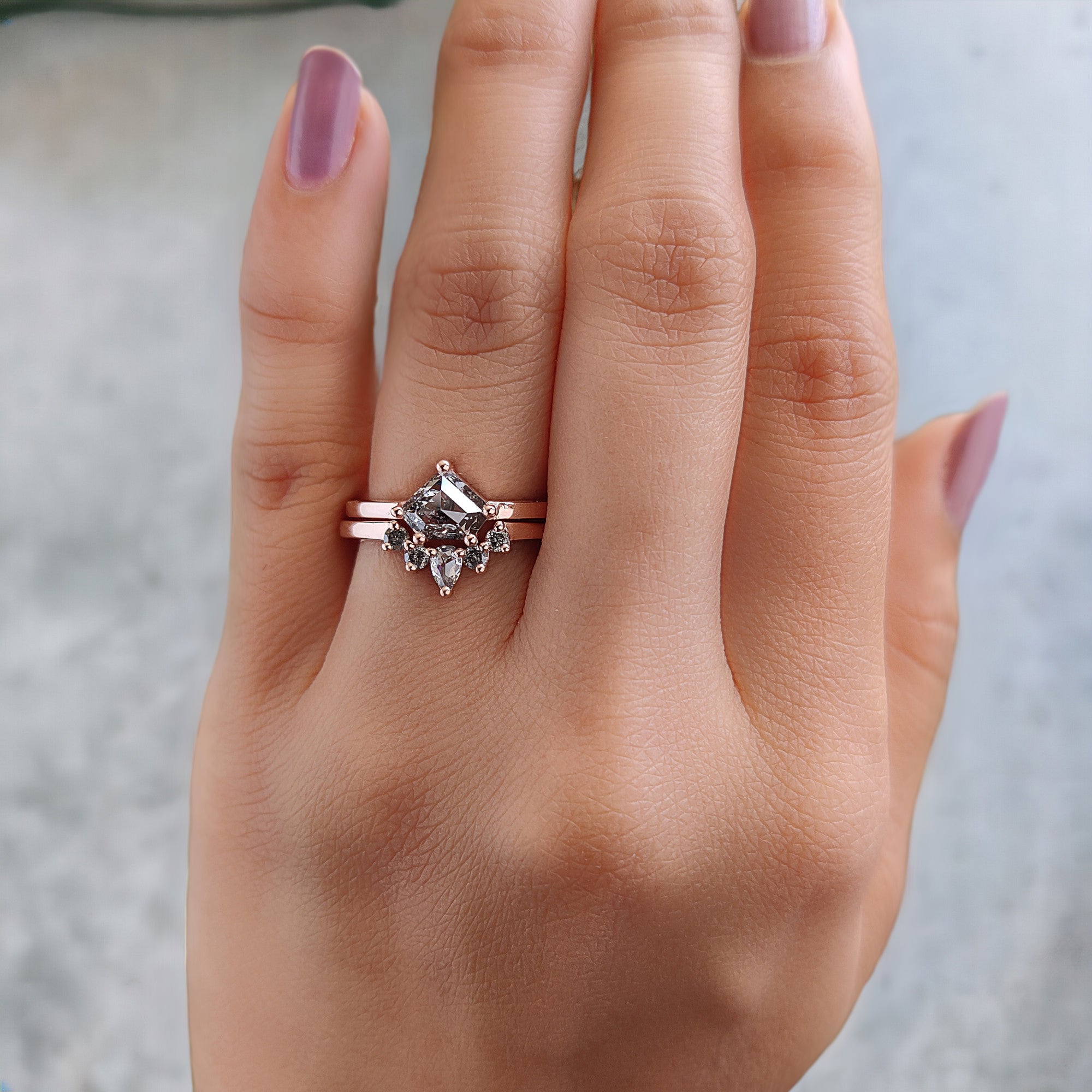 Shield Cut Salt And Pepper Diamond Ring 1.05 Ct 5.88 MM Shield Diamond Ring 14K Solid Rose Gold Silver Engagement Ring Gift For Her QL2673