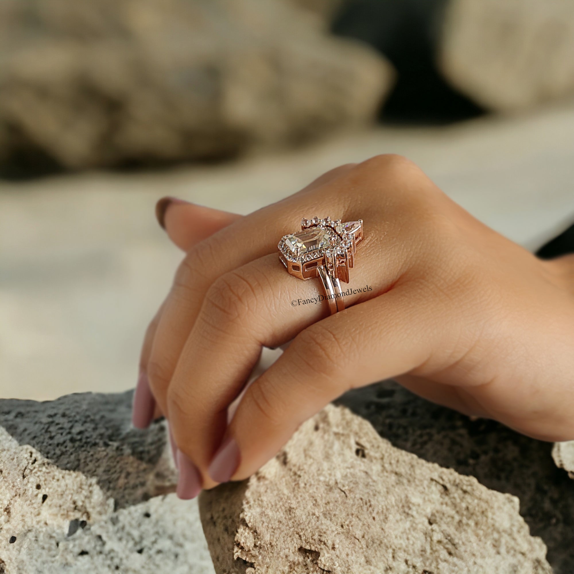 Vintage Moissanite Engagement Ring Set 1.85 CT Moissanite Ring Emerald Ring Rose Gold Ring Unique Stacking Ring Diamond Cluster Ring FD90