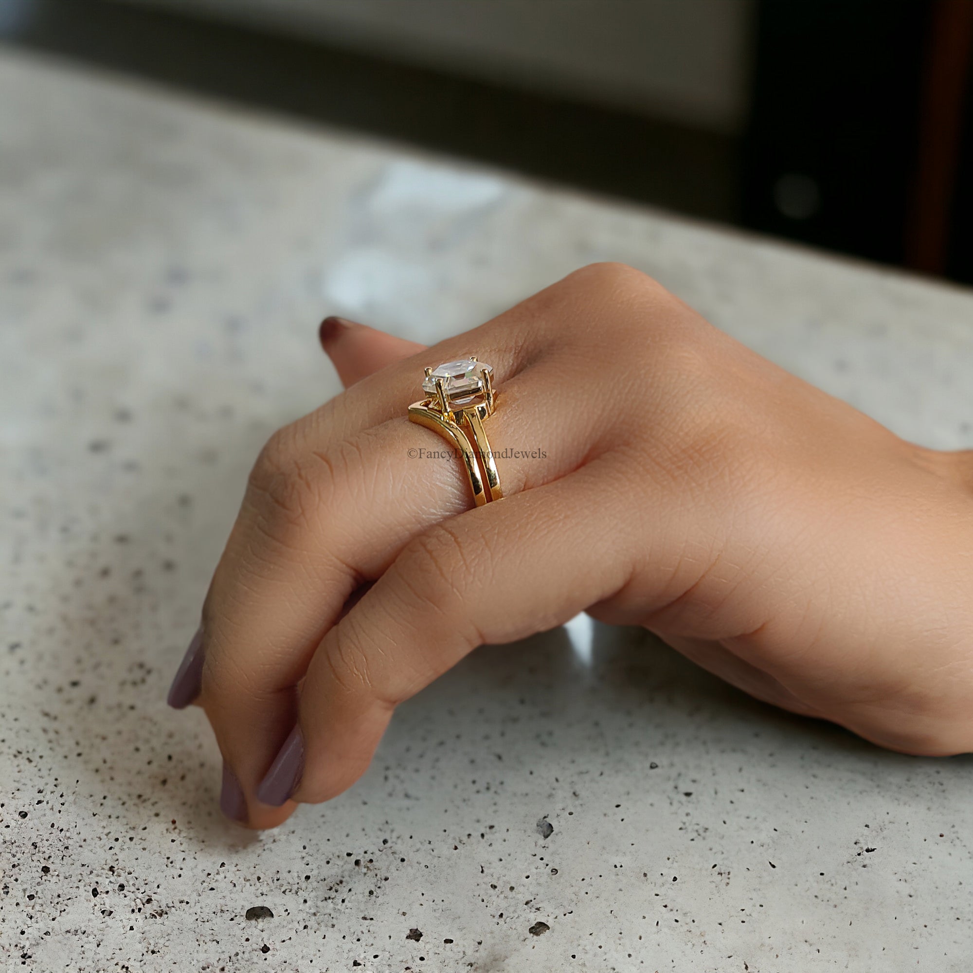 Hexagon Moissanite Bridal Ring Colorless Moissanite Wedding Ring Solid Gold Anniversary Band Solitaire Moissanite Engagement Ring Set FD165