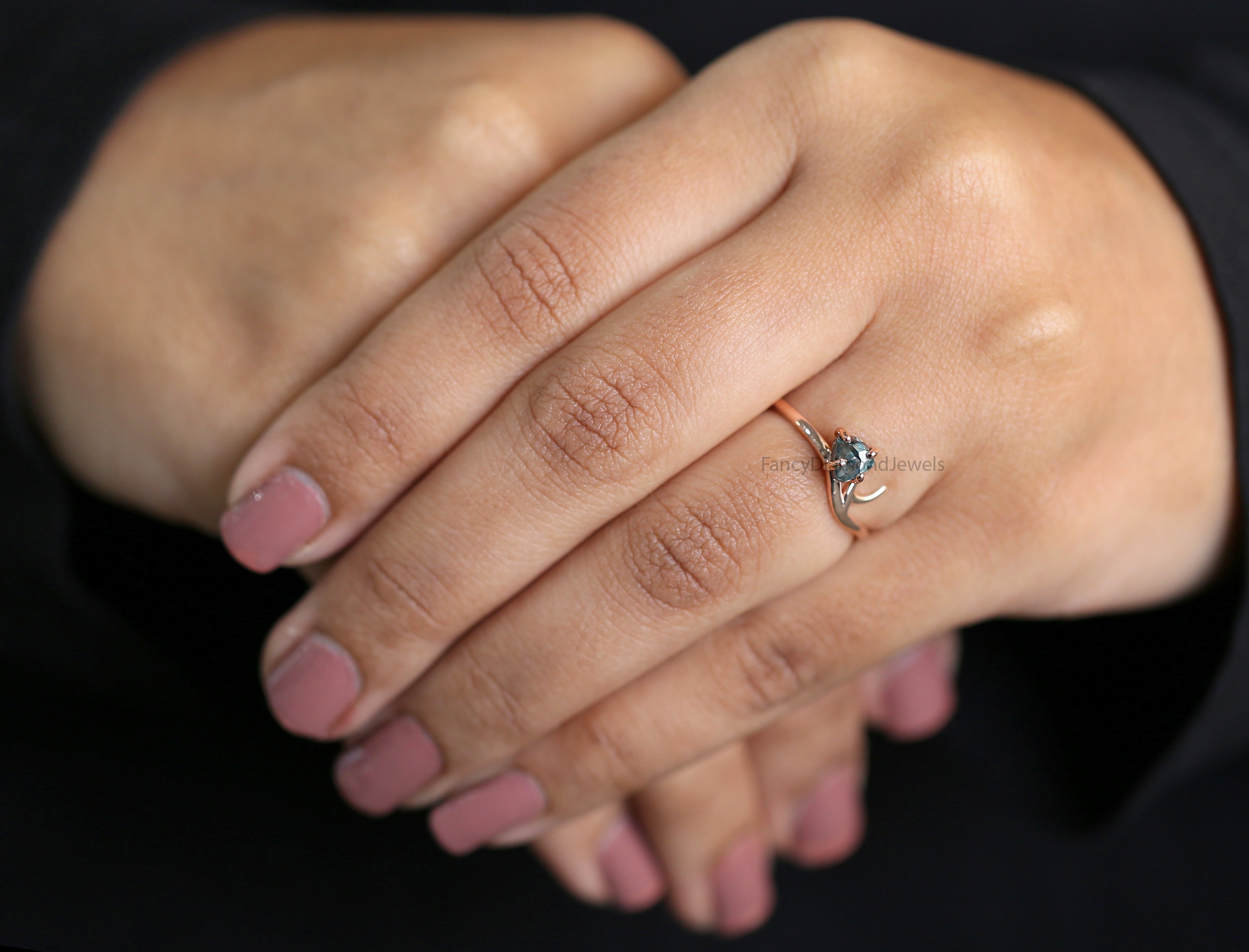 Rough Blue Color Diamond Ring 0.95 Ct 5.08 MM Crystal Rough Diamond Ring 14K Solid Rose Gold Silver Engagement Ring Gift For Her QL2231