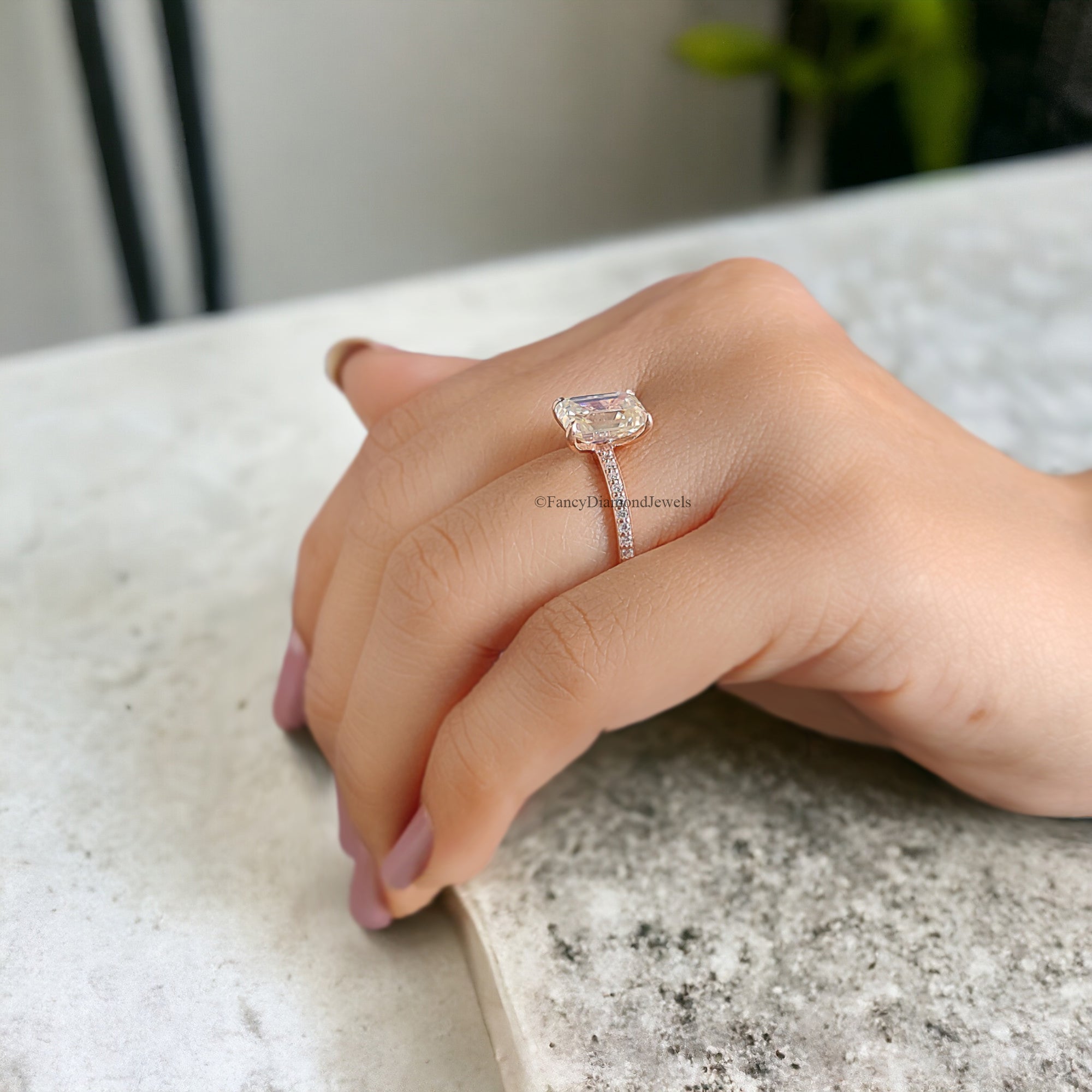 Handmade Custom Ring Emerald Cut Colorless Moissanite Engagement Ring 4 Prongs Wedding Promise Ring 14K Solid Gold Ring Stacking Rings FD72