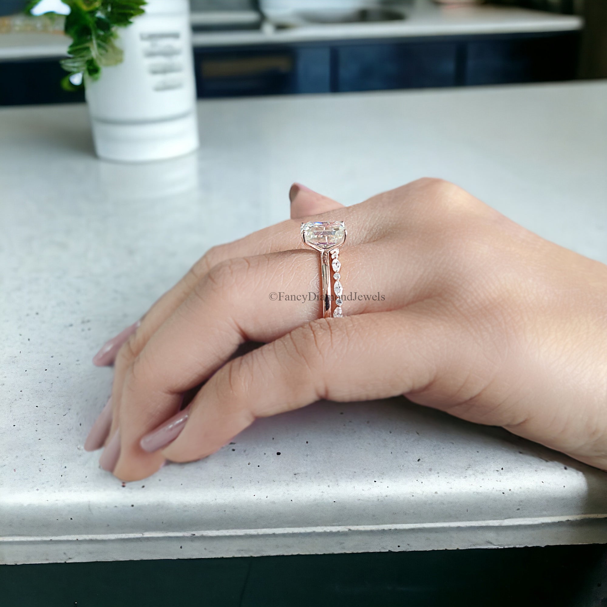 Emerald Cut Moissanite Engagement Ring Set Solitaire Engagement Ring Rose Gold Unique Full Eternity Ring Anniversary Gift For Women FD220