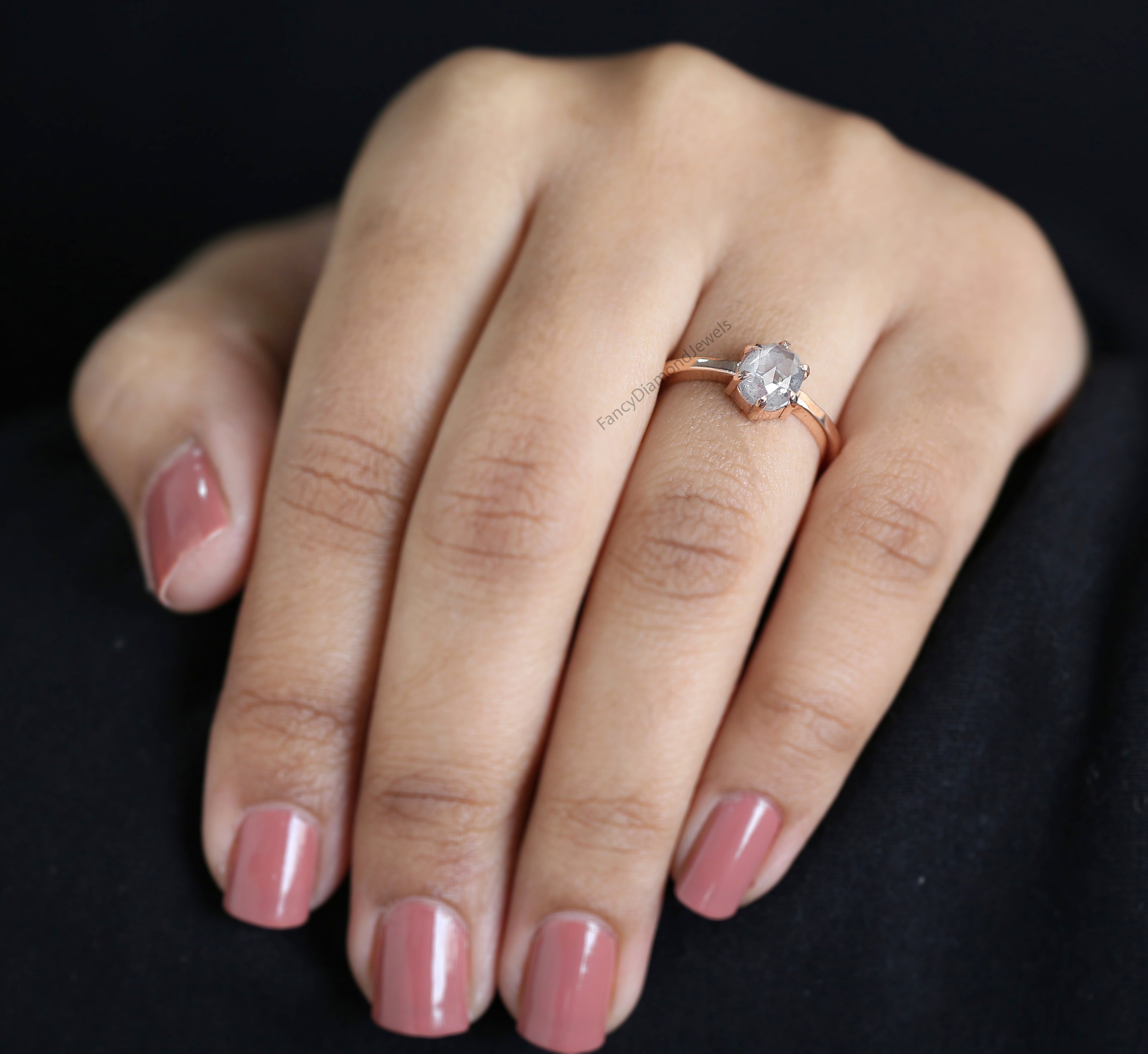 Oval Cut Salt And Pepper Diamond Ring 1.03 Ct 7.00 MM Oval Diamond Ring 14K Solid Rose Gold Silver Oval Engagement Ring Gift For Her QL1098