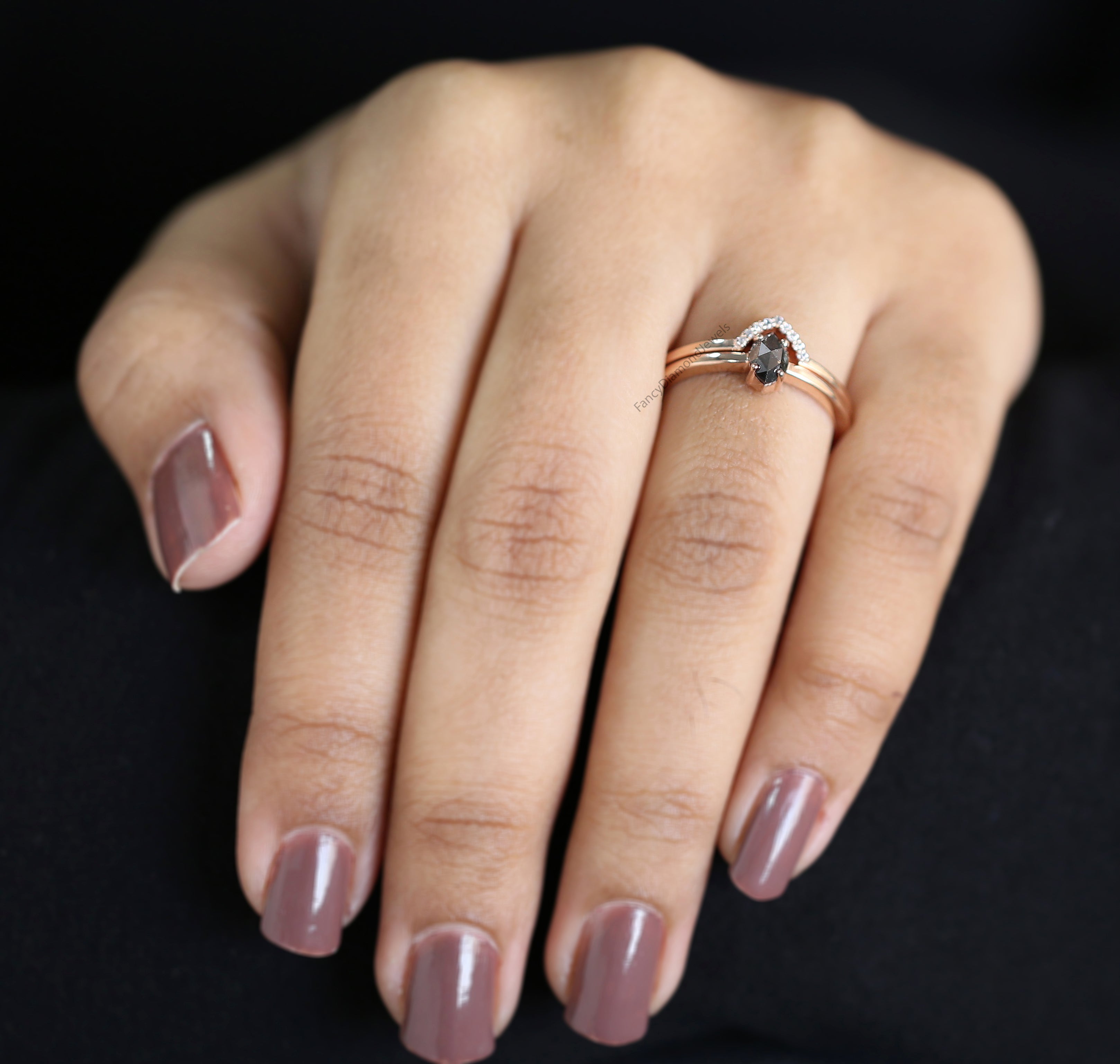 Marquise Salt And Pepper Diamond Ring, Salt And Pepper Marquise Diamond Engagement Ring, Marquise Cut Ring, Marquise Bridal Ring Set, KD1130