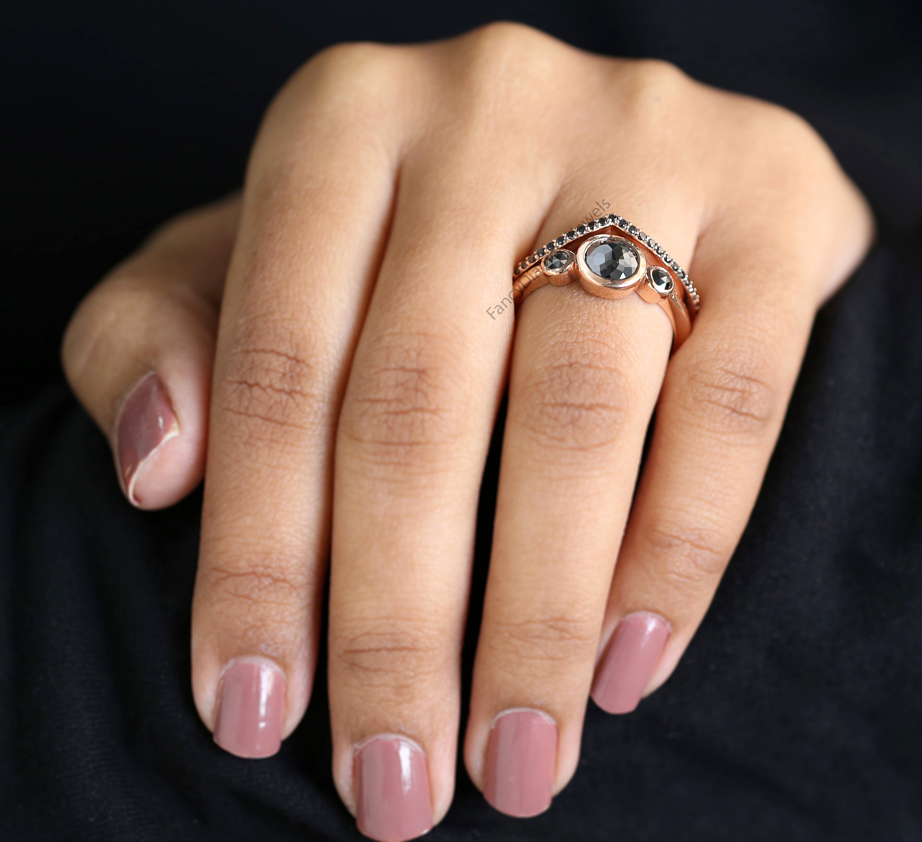 Round Rose Cut Black Color Diamond Ring 1.07 Ct 6.55 MM Round Shape Diamond Ring 14K Rose Gold Silver Engagement Ring Gift For Her QL3031