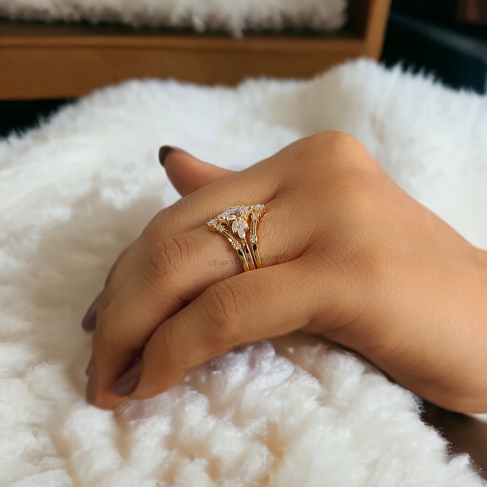 3PCS Marquise Moissanite Engagement Ring Set Unique Cluster Engagement Ring Yellow Gold Vintage Swist Ring Bridal Anniversary Ring FD122