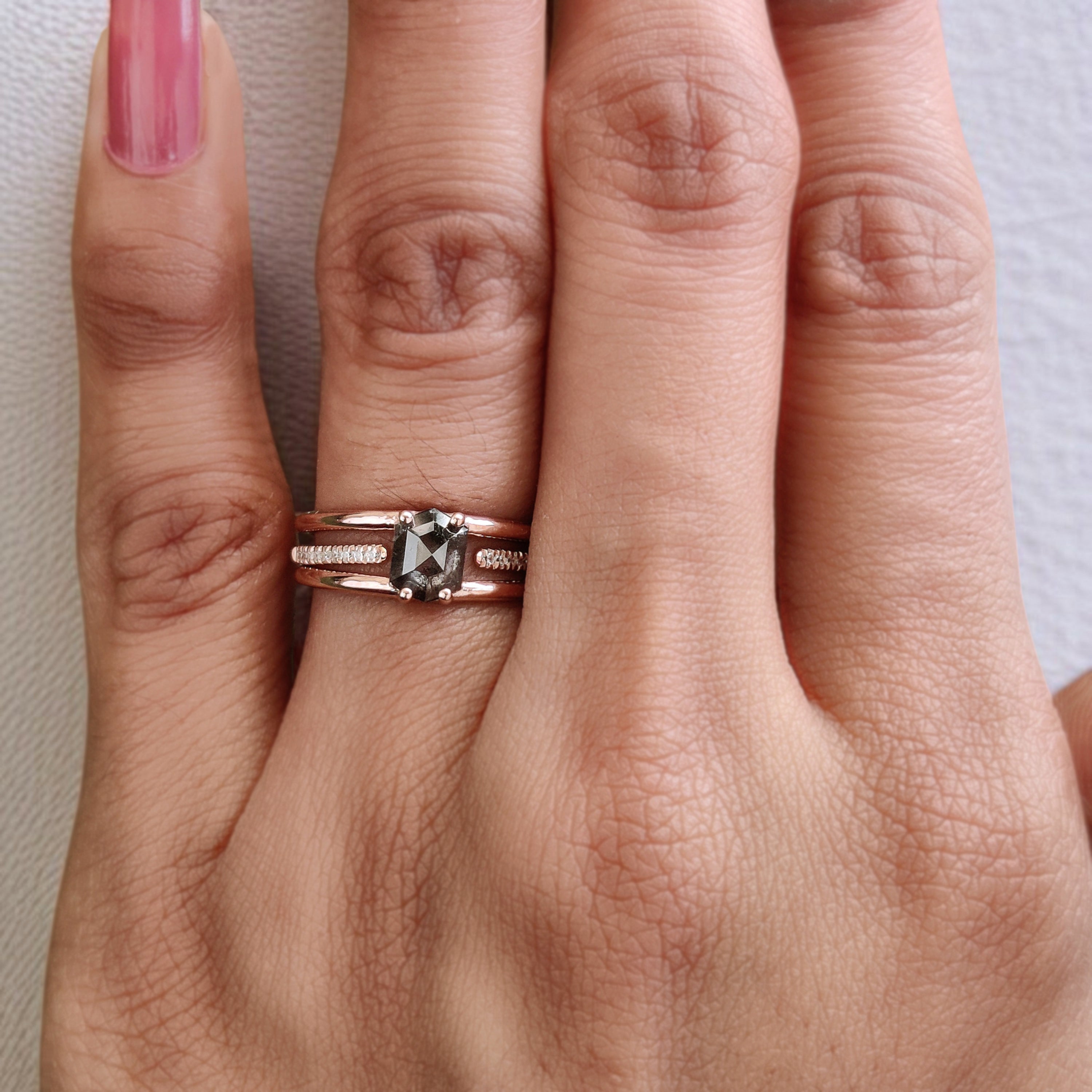 Hexagon Cut Salt And Pepper Diamond Ring 0.74 Ct 6.30 MM Hexagon Cut Diamond Ring 14K Rose Gold Silver Engagement Ring Gift For Her KDL3180