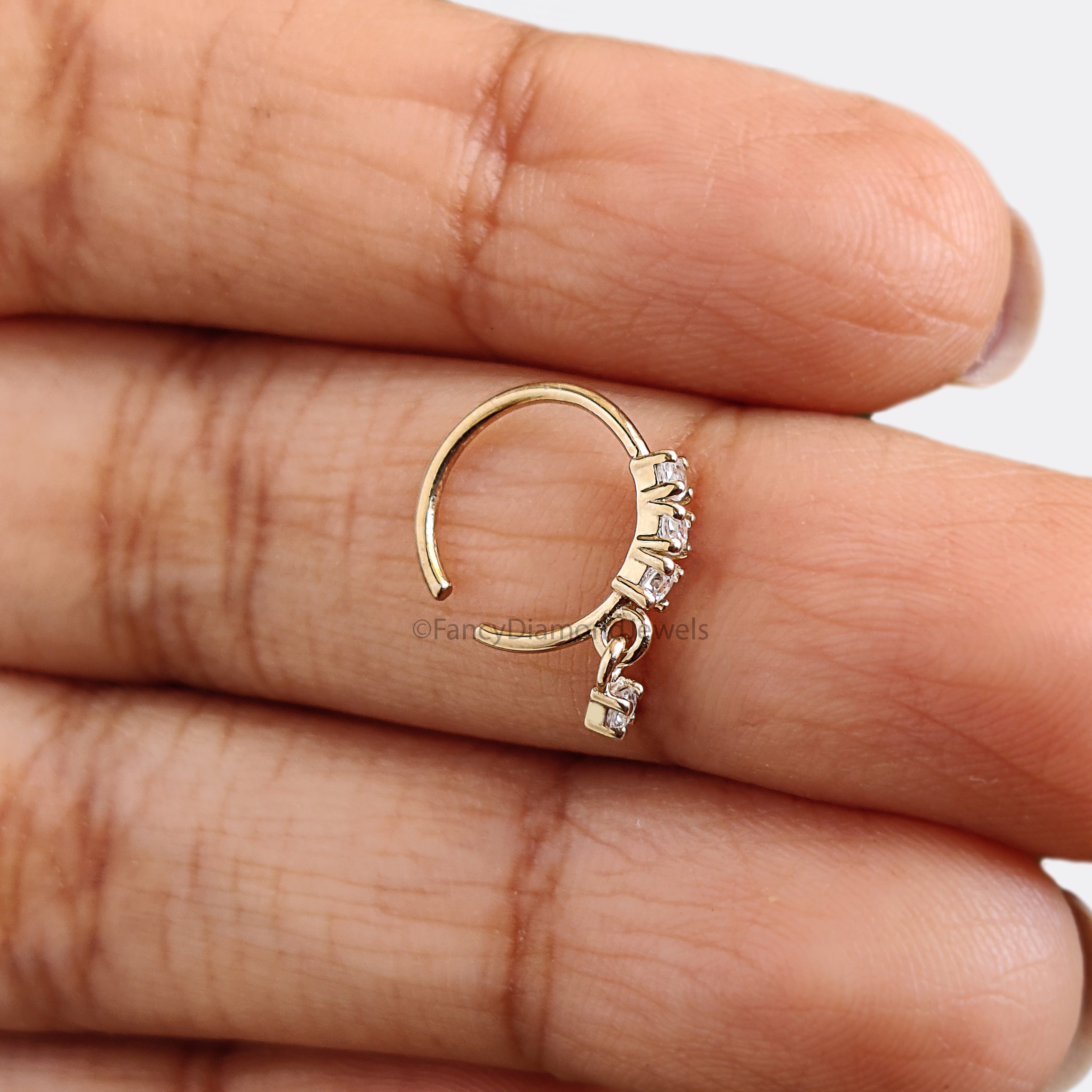 3 Diamond Gold Nose Ring With Diamond Dangling End Yellow Gold Nose Ring Gold Nose Ring Diamond Nose Stud Hoop FD486