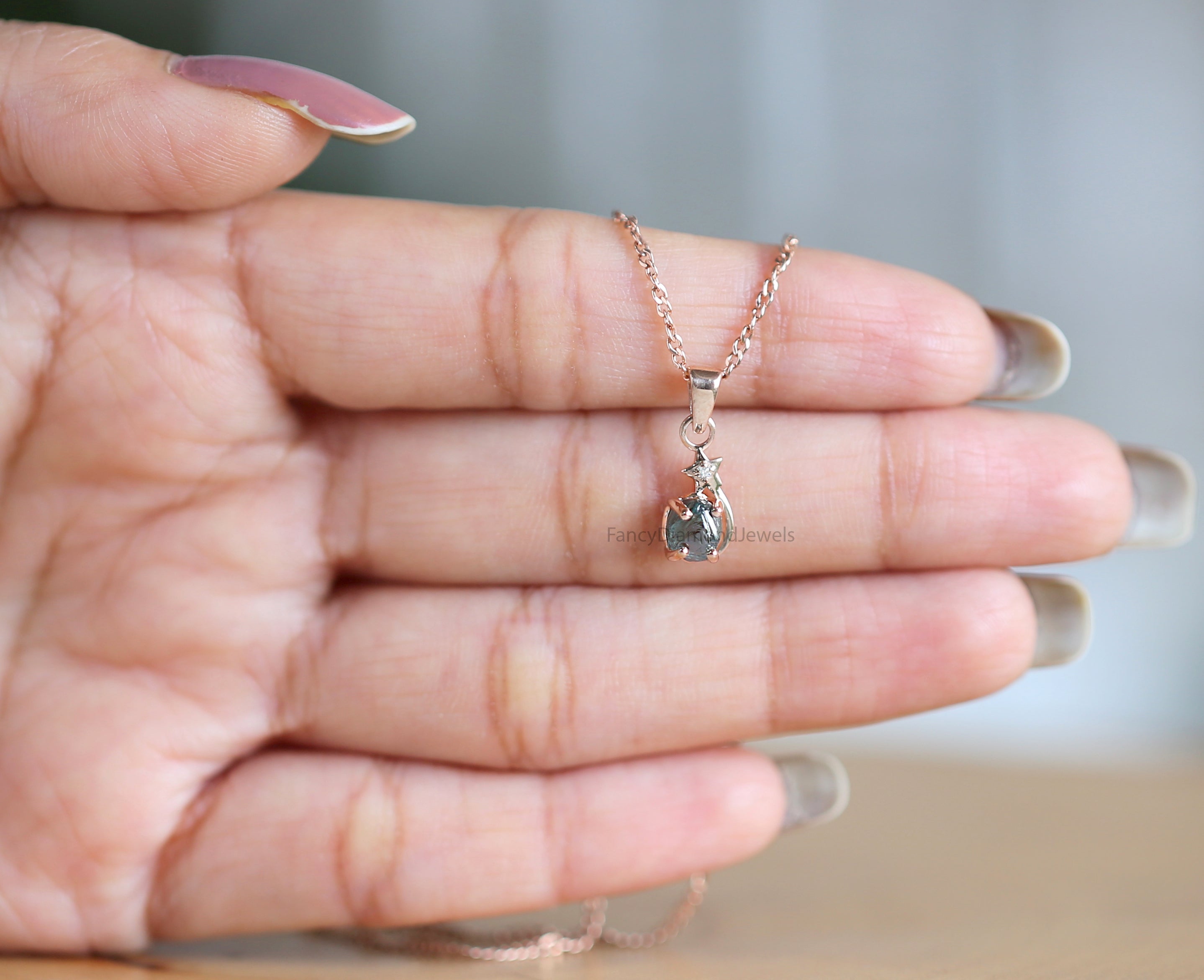 Rough Blue Color Diamond Pendant 1.01 Ct 5.81 MM Rough Diamond Pendant 14K Solid Rose Gold Silver Engagement Pendant Gift For Her QL2323