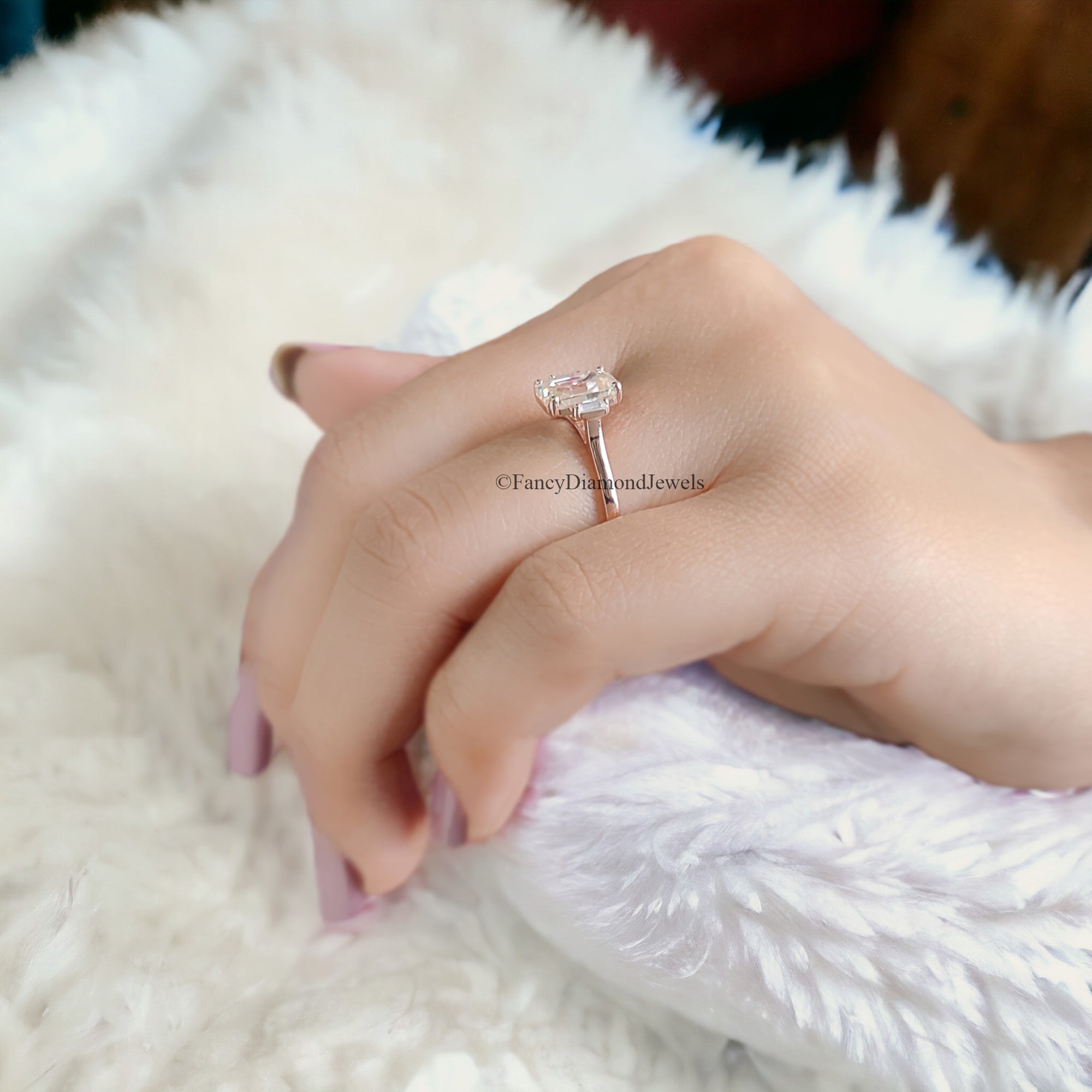 Three Stone Ring Emerald With Side Baguettes 1.50 CT Colorless Emerald Moissanite Engagement Ring Wedding Ring Rose Gold Designer Ring FD95