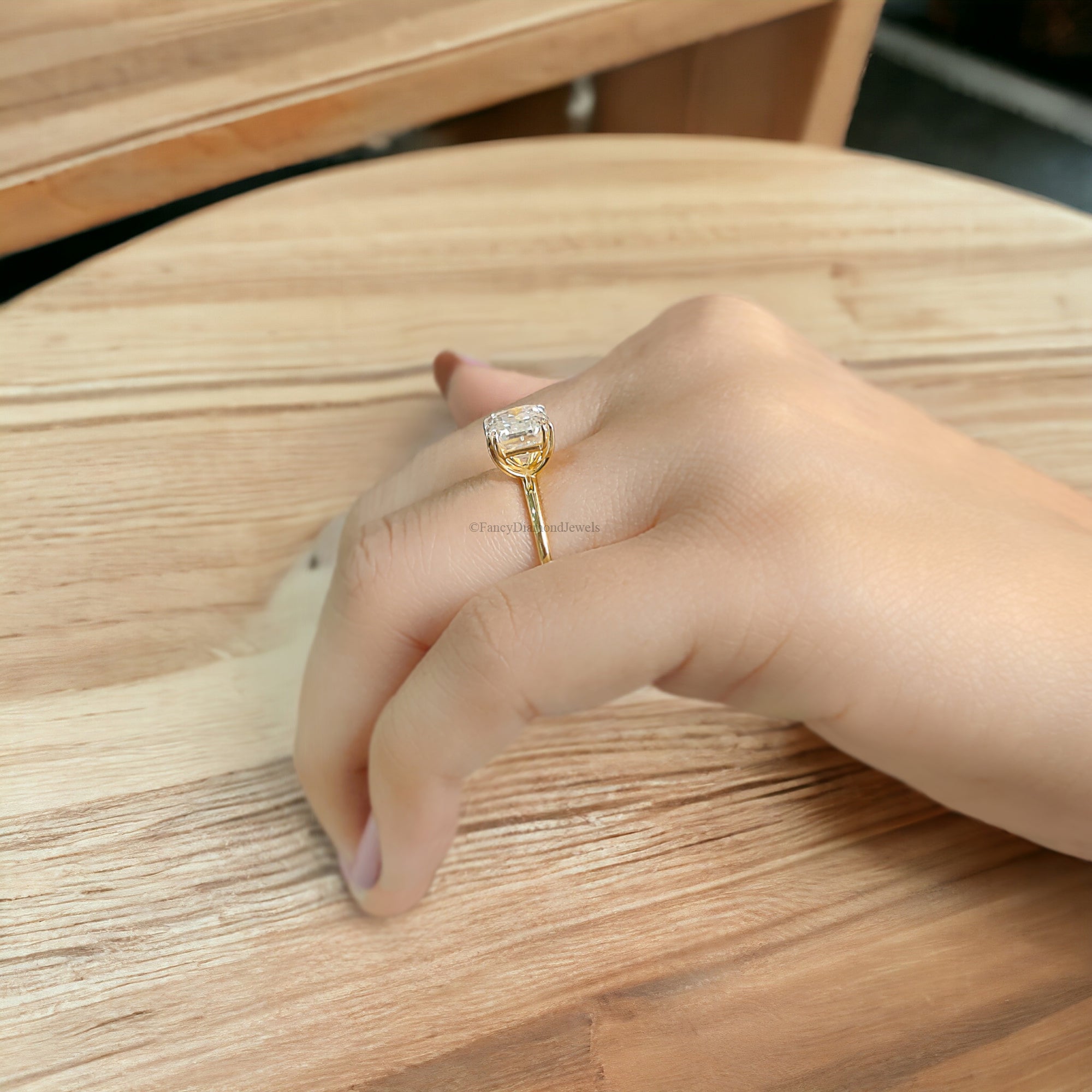 East To West Setting Ring Emerald Shape Engagement Ring Thin Band Solitaire Wedding Band Promise Ring 14K Yellow Gold Gift for Her FD127