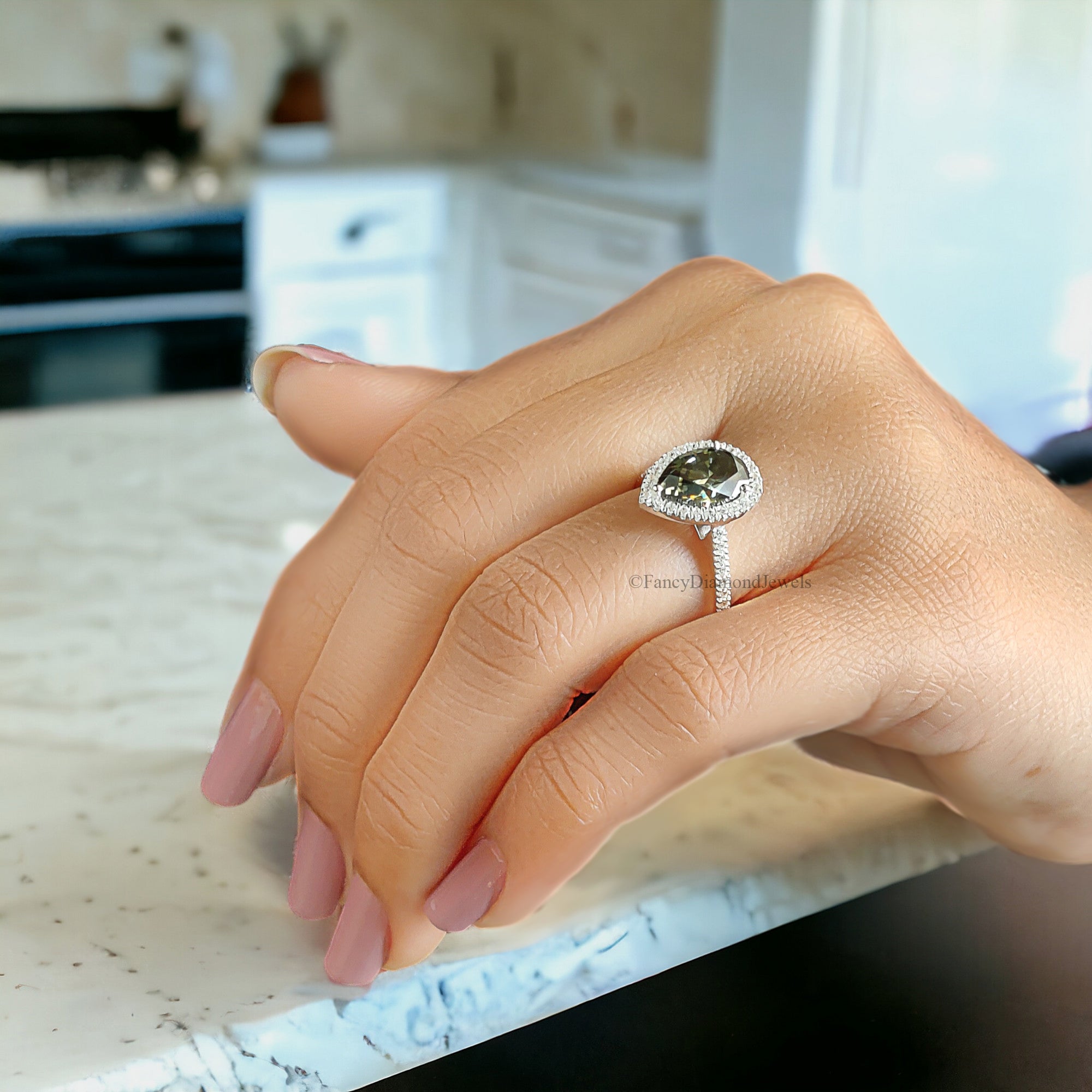 Pear Cyan Green Moissanite Ring Halo Engagement Ring 2.30 TW Pear Shaped Moissanite Ring Proposal Ring For Her Anniversary Gift Ring FD40