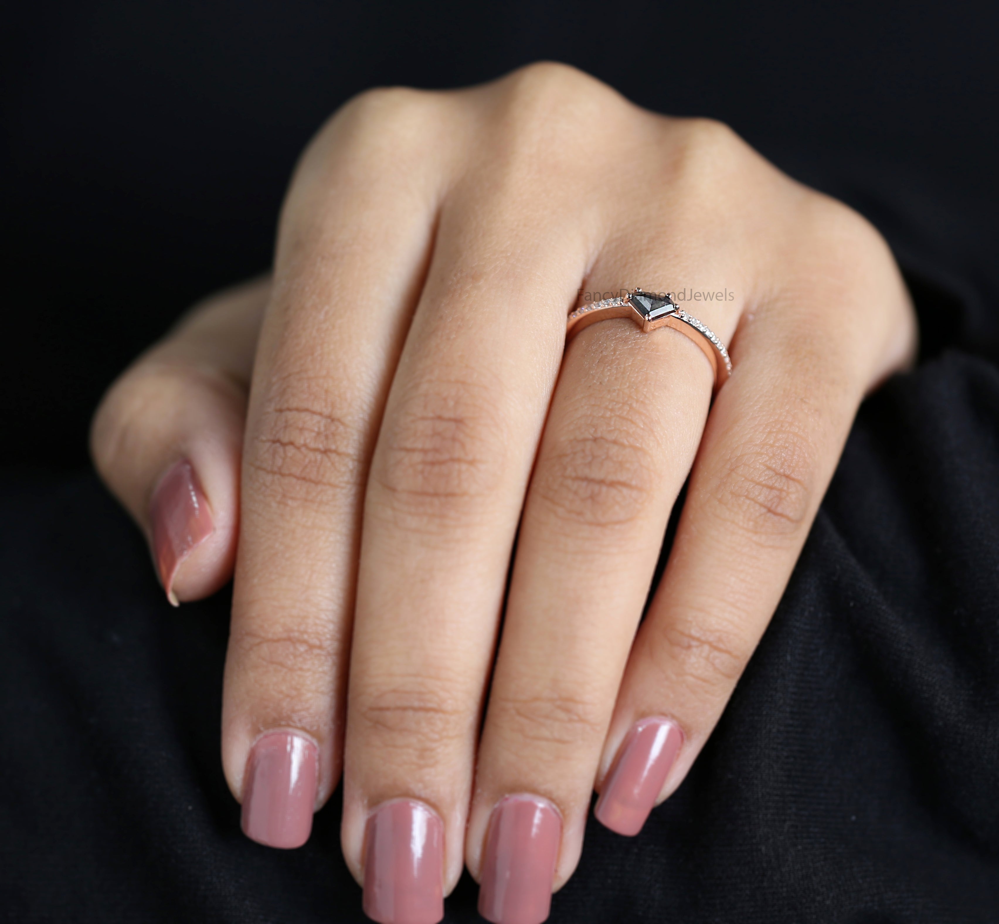 Shield Cut Salt And Pepper Diamond Ring 0.27 Ct 4.30 MM Pear Diamond Ring 14K Solid Rose Gold Shield Engagement Ring Gift For Her KD1174