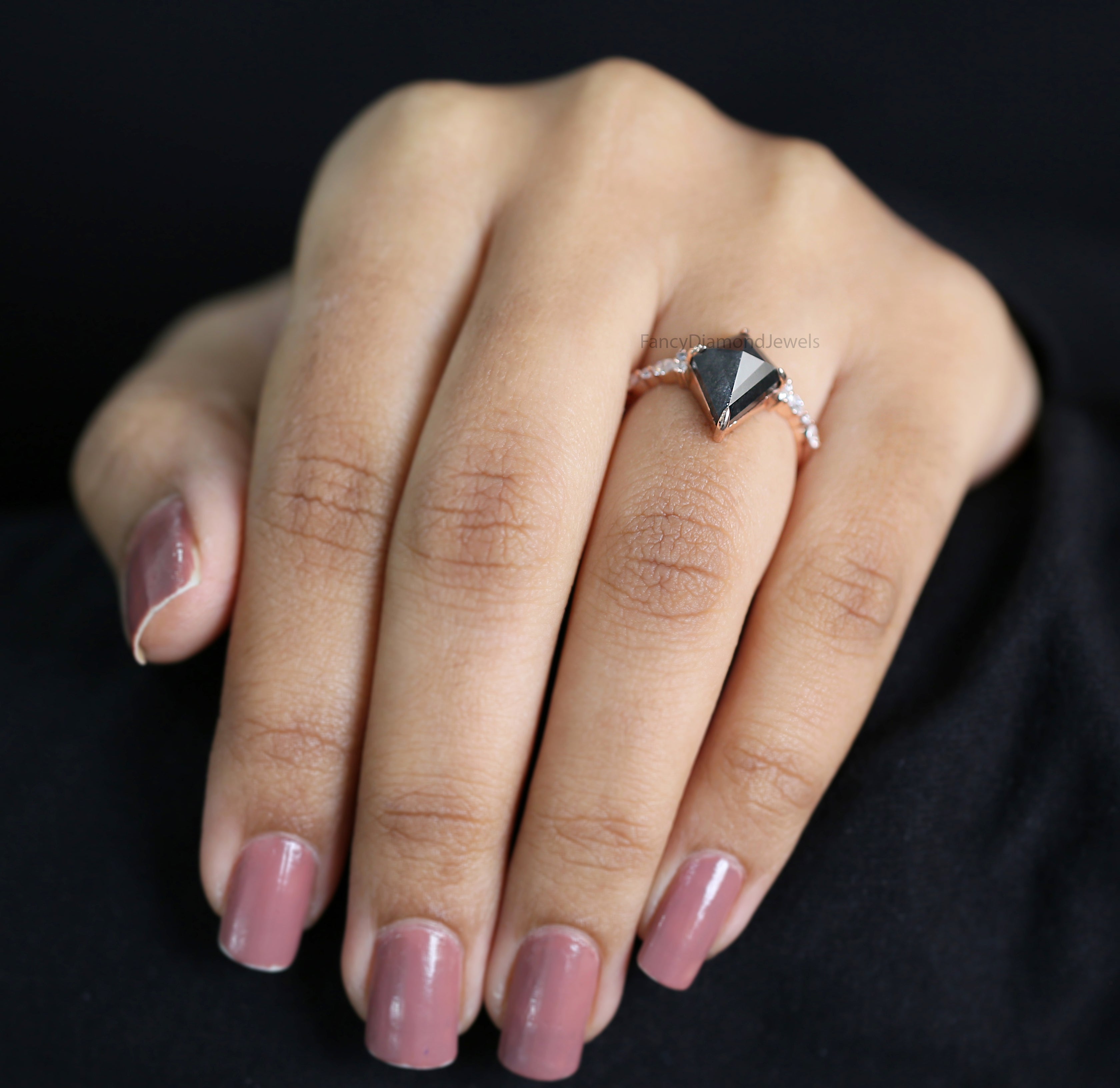 Kite Cut Salt And Pepper Diamond Ring 2.71 Ct 12.03 MM Kite Diamond Ring 14K Solid Rose Gold Silver Kite Engagement Ring Gift For Her QL2121-1