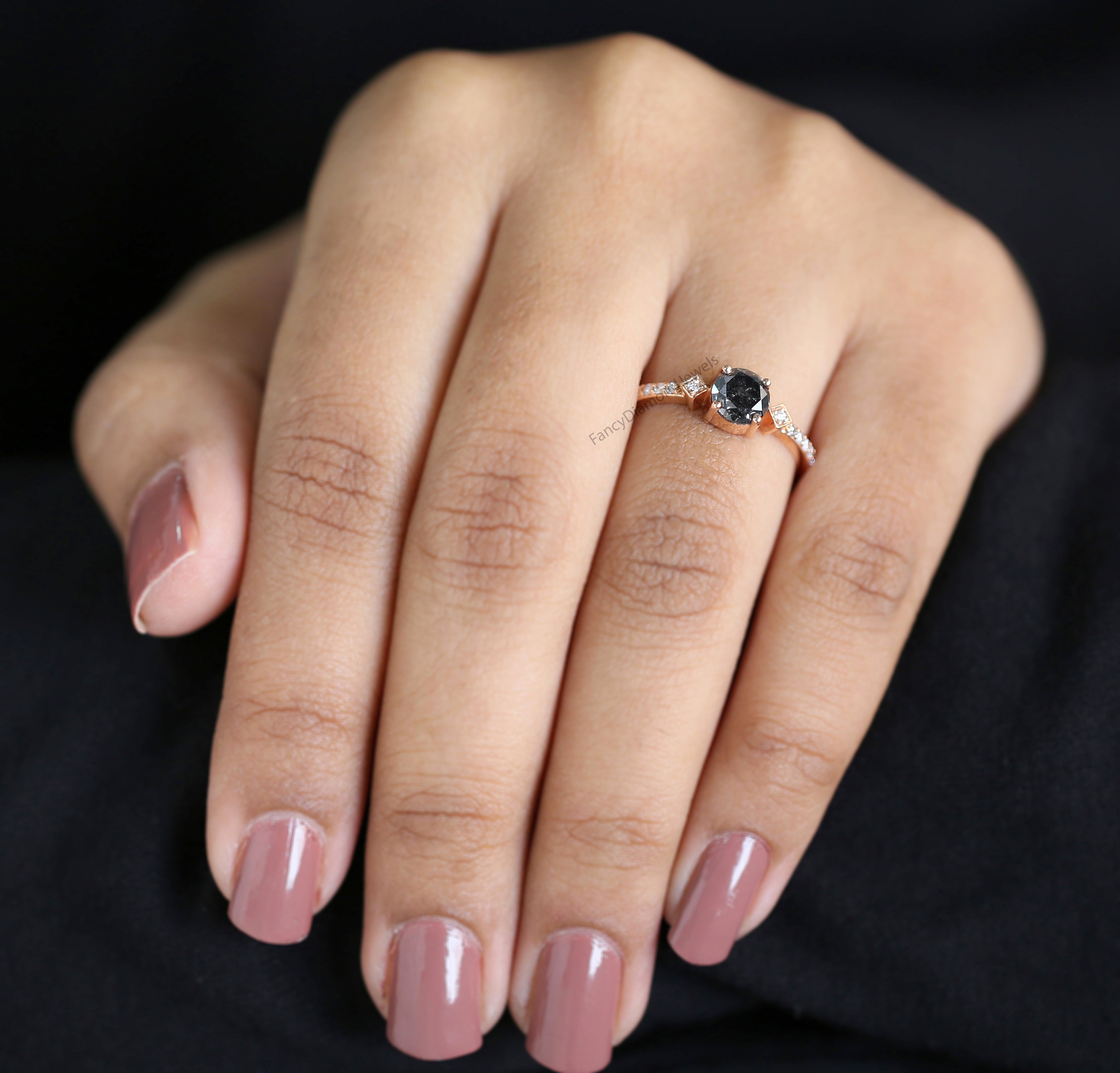 Round Cut Salt And Pepper Diamond Ring 0.83 Ct 5.70 MM Round Diamond Ring 14K Solid Rose Gold Silver Engagement Ring Gift For Her QN2489