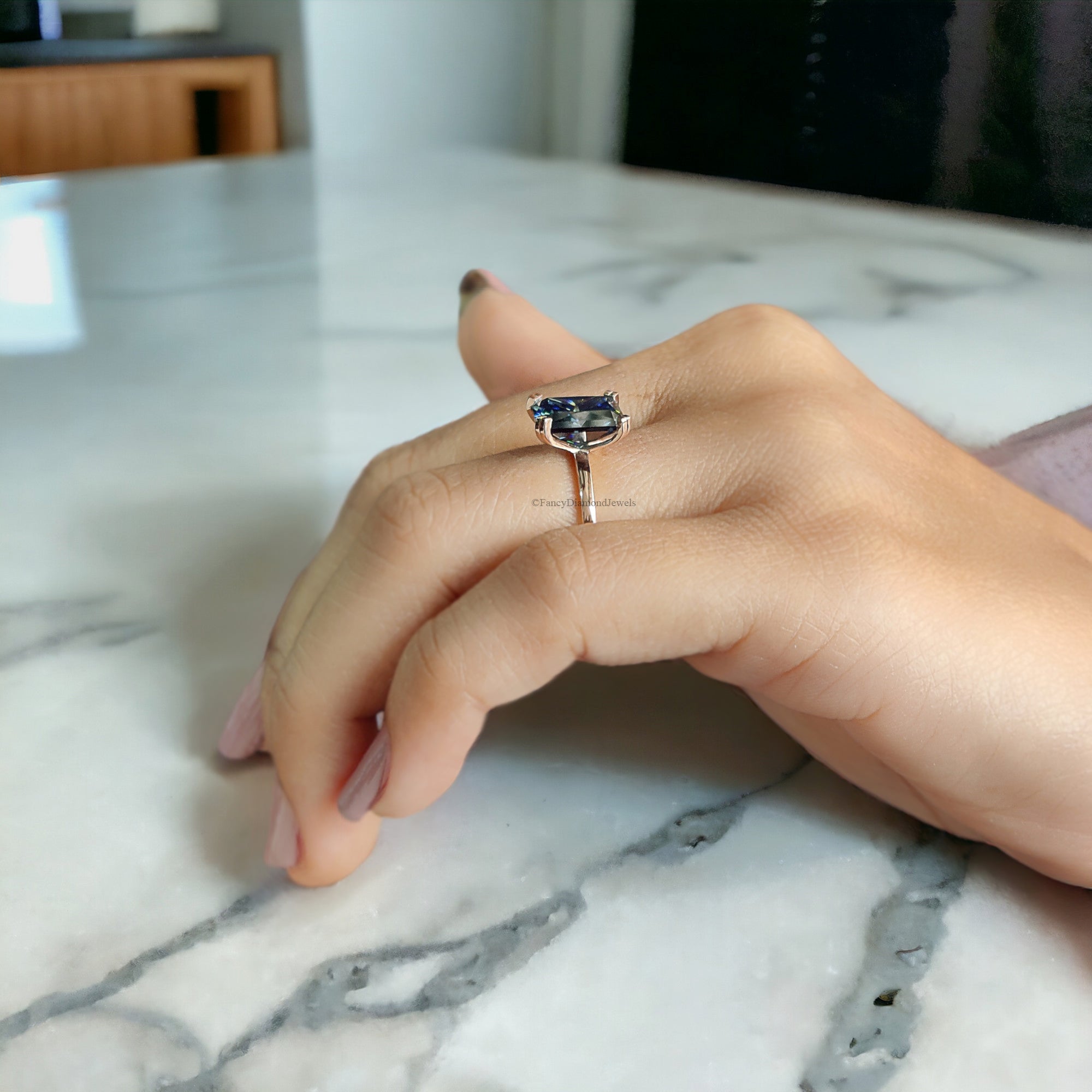 2.90 CT Royal Blue Radiant Ring Moissanite Ring Double Claw Prong Set Ring 14 KT Solid Rose Gold Ring Engagement Ring Wedding Ring FD169