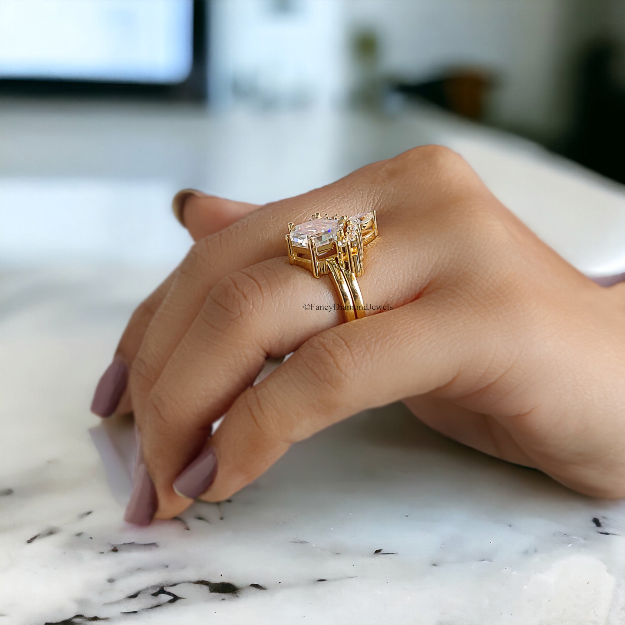 Vintage Moissanite Engagement Ring Set 3.00 CT Moissanite Ring Hexagon Yellow Gold Crown Ring Unique Stacking Ring Diamond Cluster Ring FD82