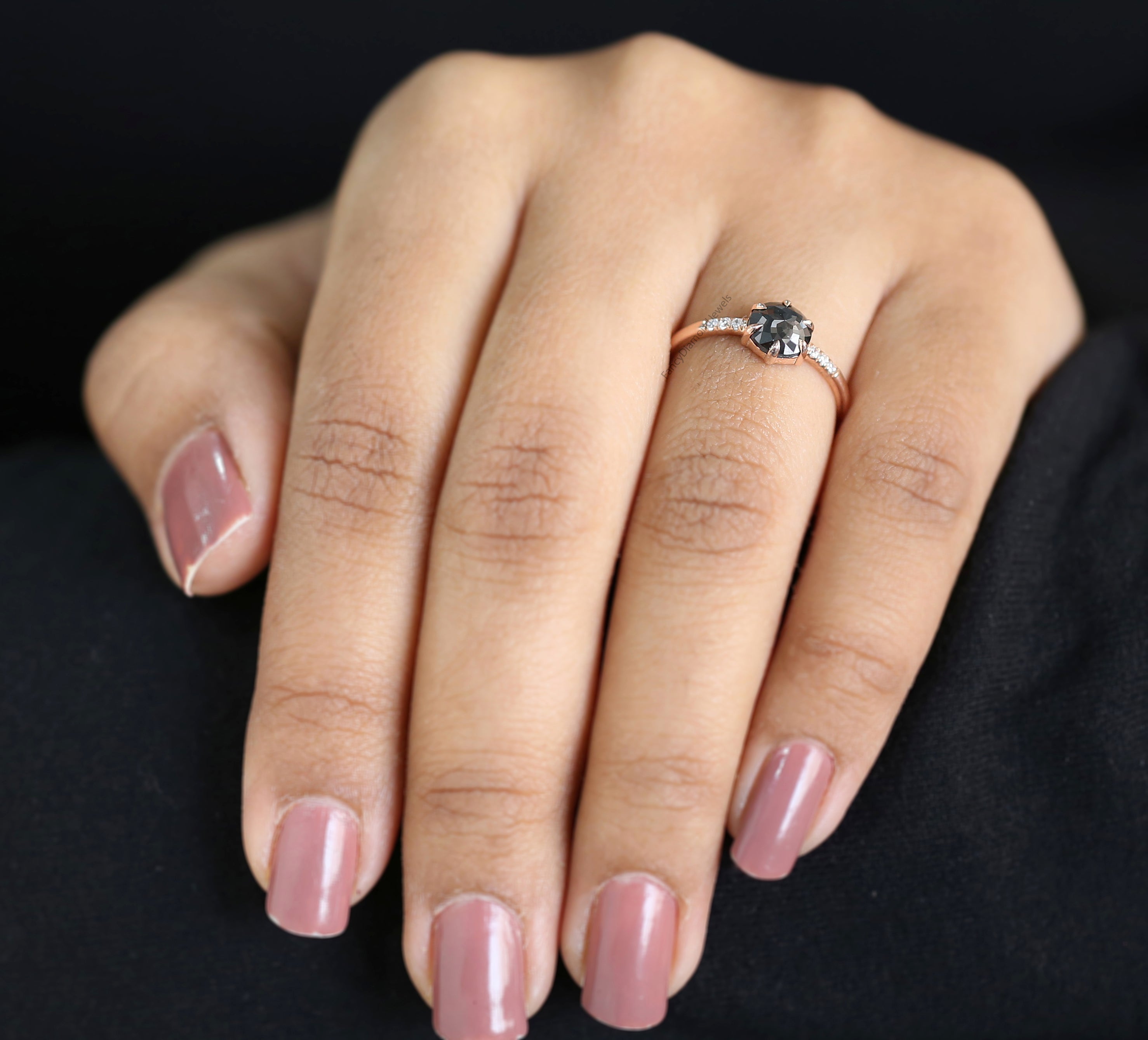 Round Rose Cut Black Color Diamond Ring 0.74 Ct 6.13 MM Round Shape Diamond Ring 14K Rose Gold Silver Engagement Ring Gift For Her QN2508