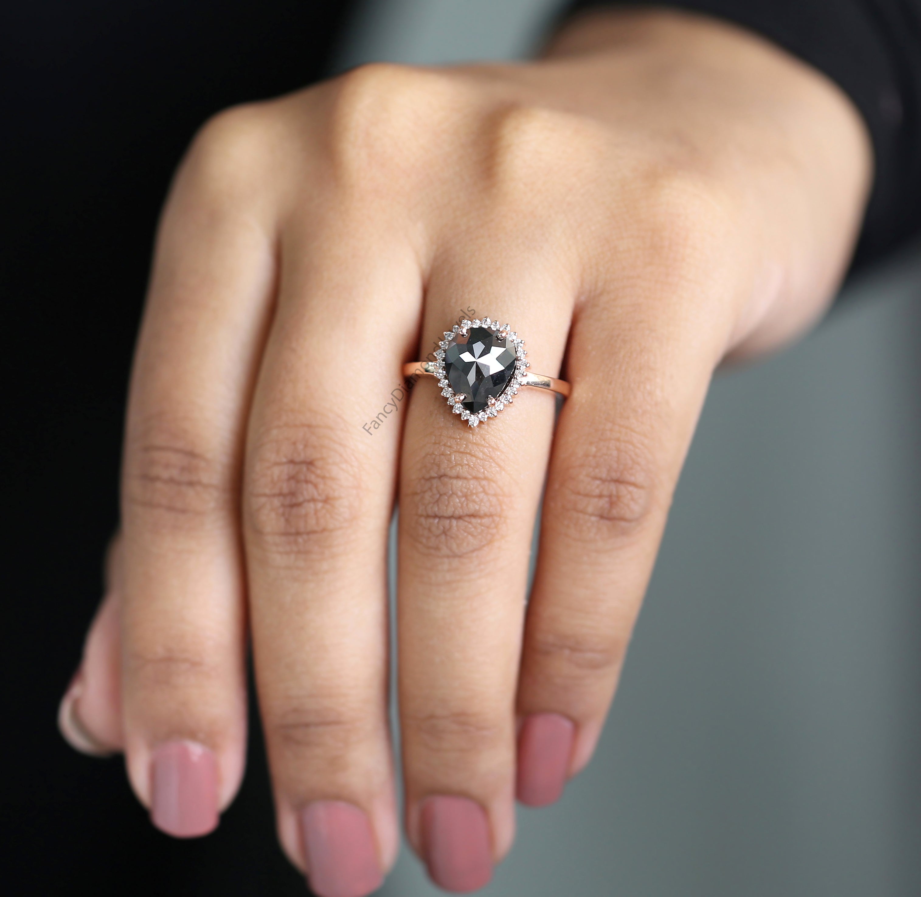 Pear Shape Black Color Diamond Ring 2.67 Ct 10.30 MM Pear Cut Diamond Ring 14K Solid Rose Gold Silver Engagement Ring Gift For Her QL3113