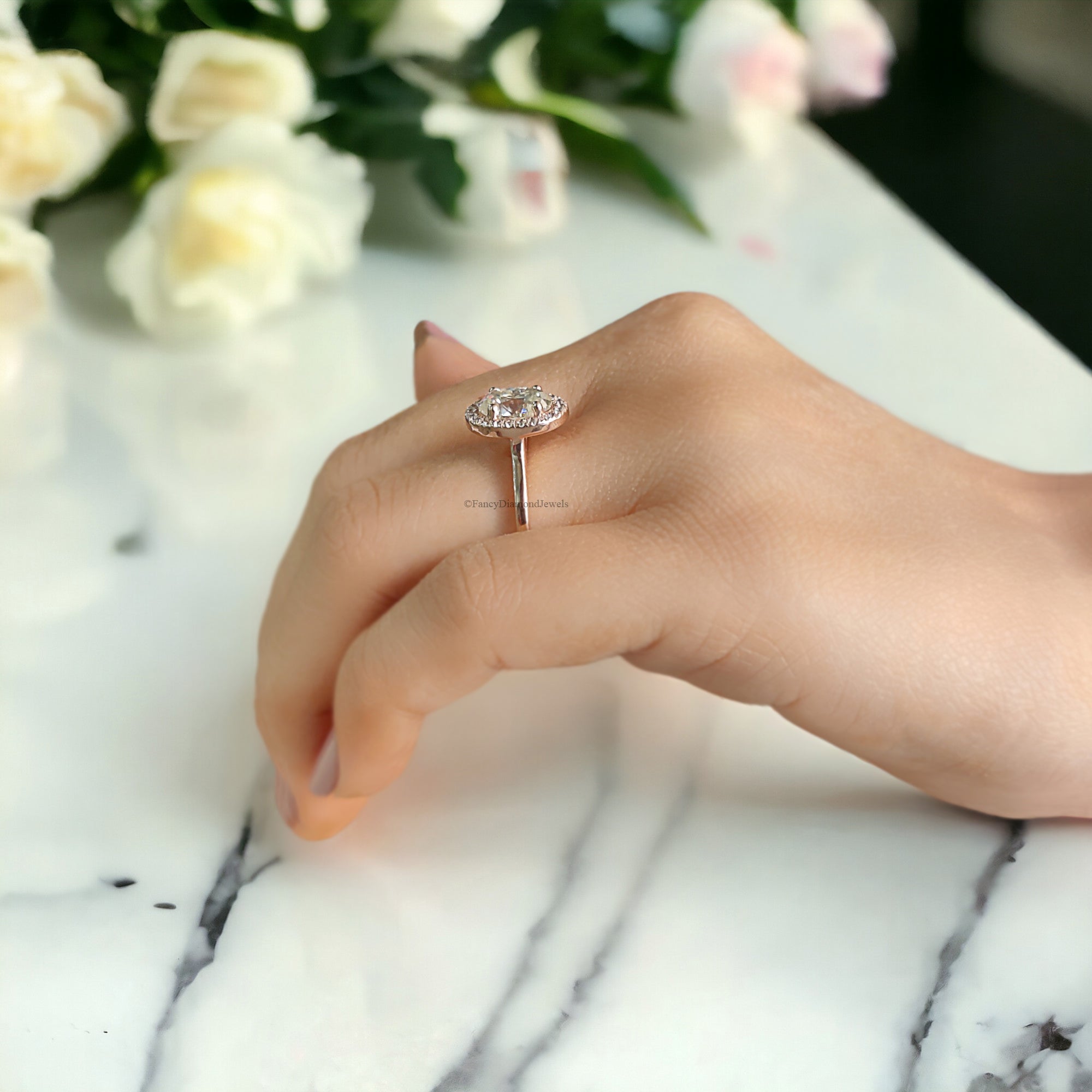 1.45 CT Oval Cut Moissanite Solitaire Ring 14K Rose Gold Engagement Ring Halo Setting Statement Ring Gift For Her Anniversary Ring FD154