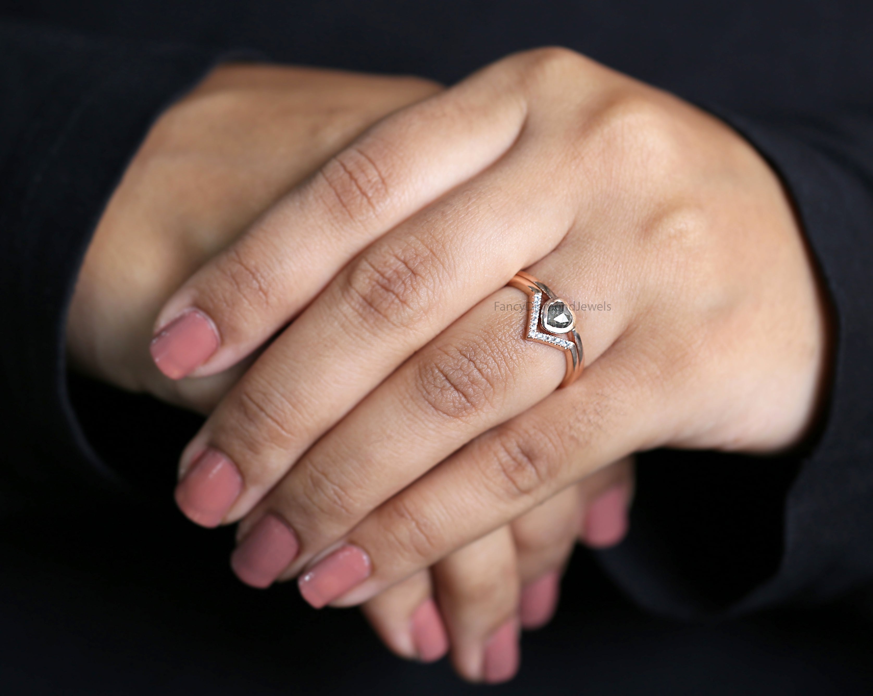 Pear salt and pepper Diamond Ring, Salt and pepper Pear Diamond Engagement Ring, Pear Diamond Ring, Pear Ring, Pear Bridal Ring Set, KD1129